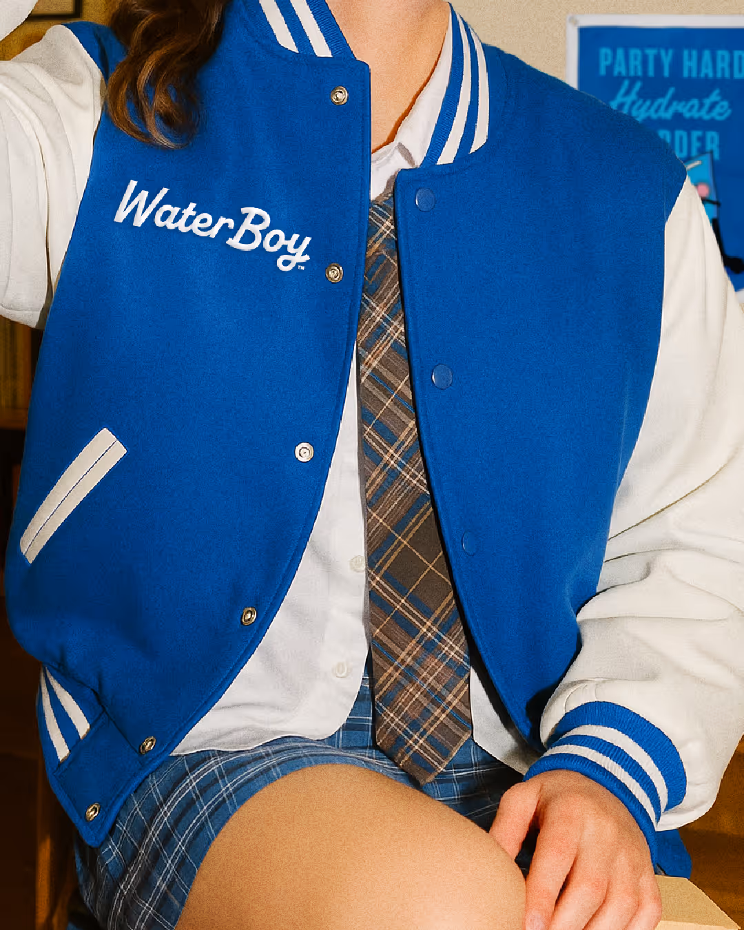 WaterBoy branded varsity letterman jacket from the brand's apparel collection.