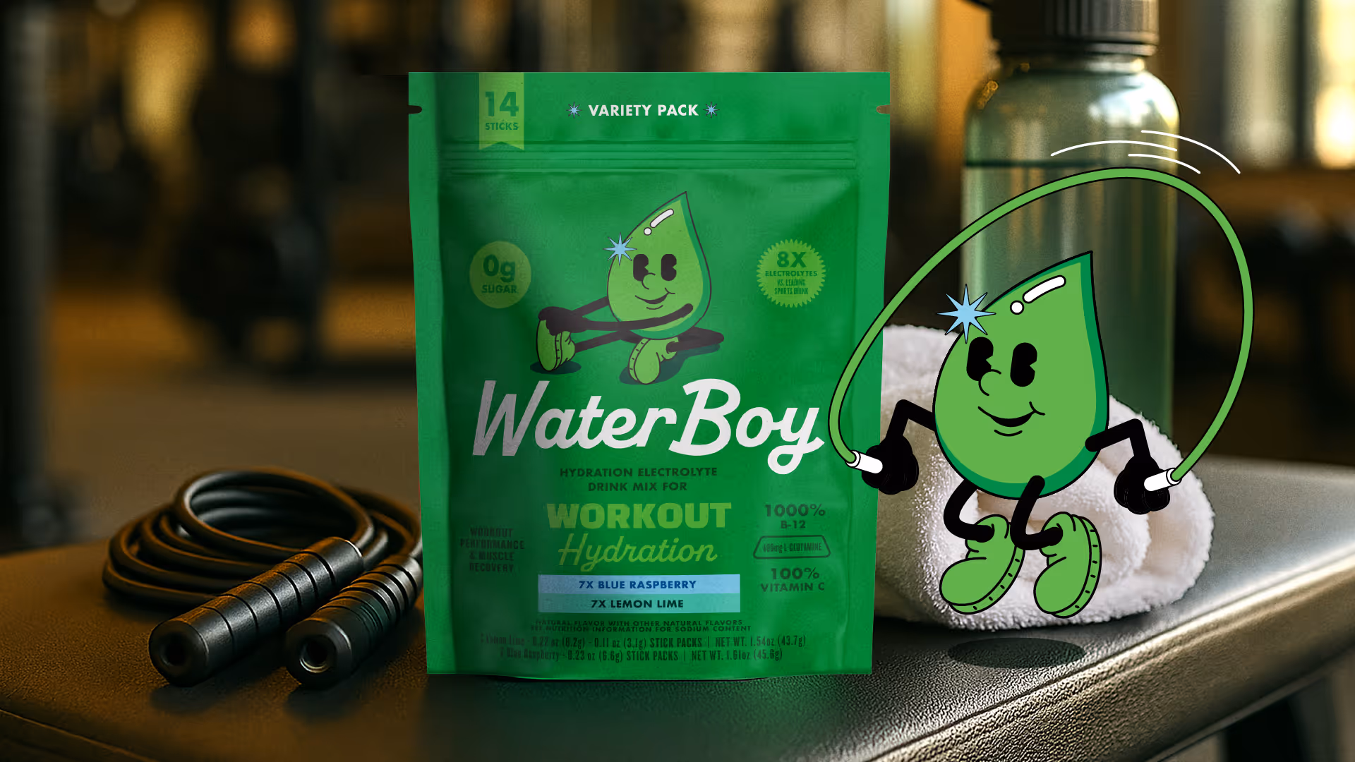 WaterBoy Workout Hydration packaging in a gym setting with the water drop mascot jumping rope alongside it.