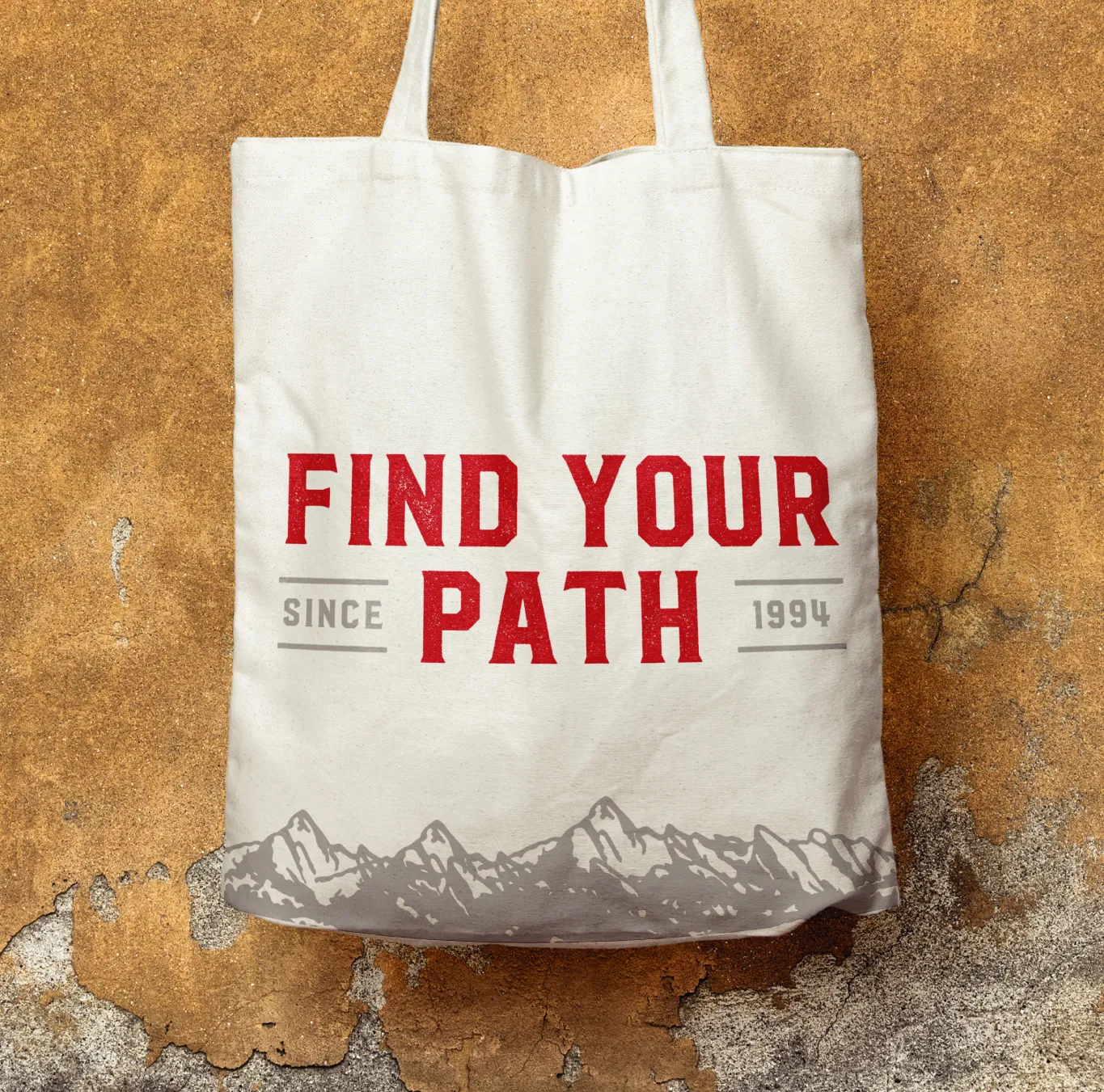 Canvas tote bag with "Find Your Path Since 1994" and Boulder Canyon's mountain illustration.