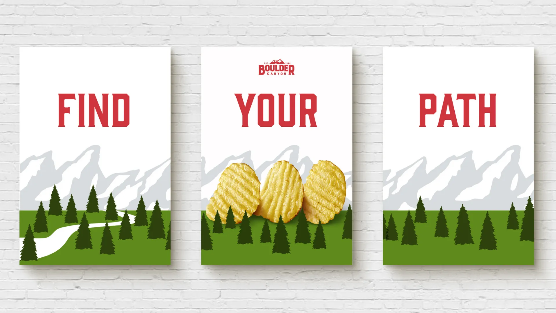 Boulder Canyon "Find Your Path" poster series with Flatiron mountain illustrations and pine trees.