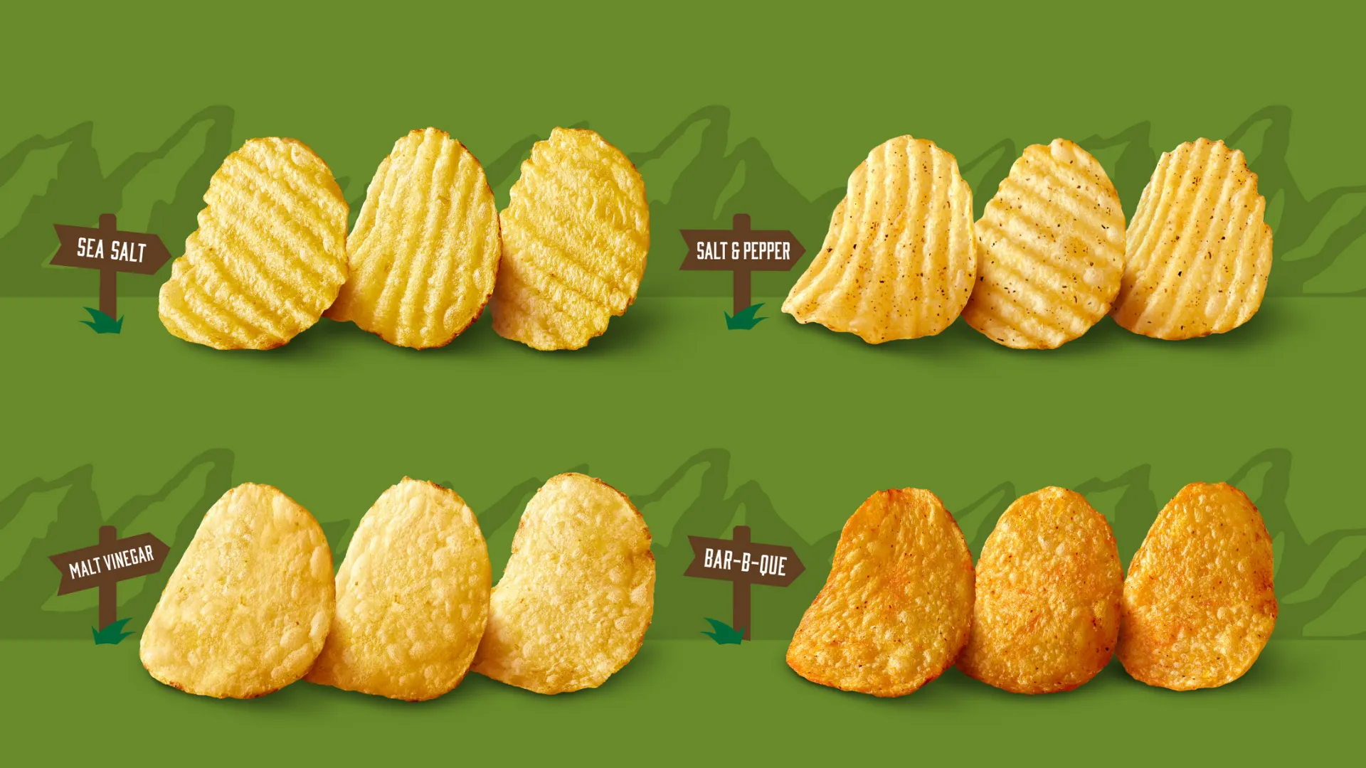 Boulder Canyon chip flavors arranged with directional trail signs — Sea Salt, Salt & Pepper, Malt Vinegar, and Bar-B-Que.