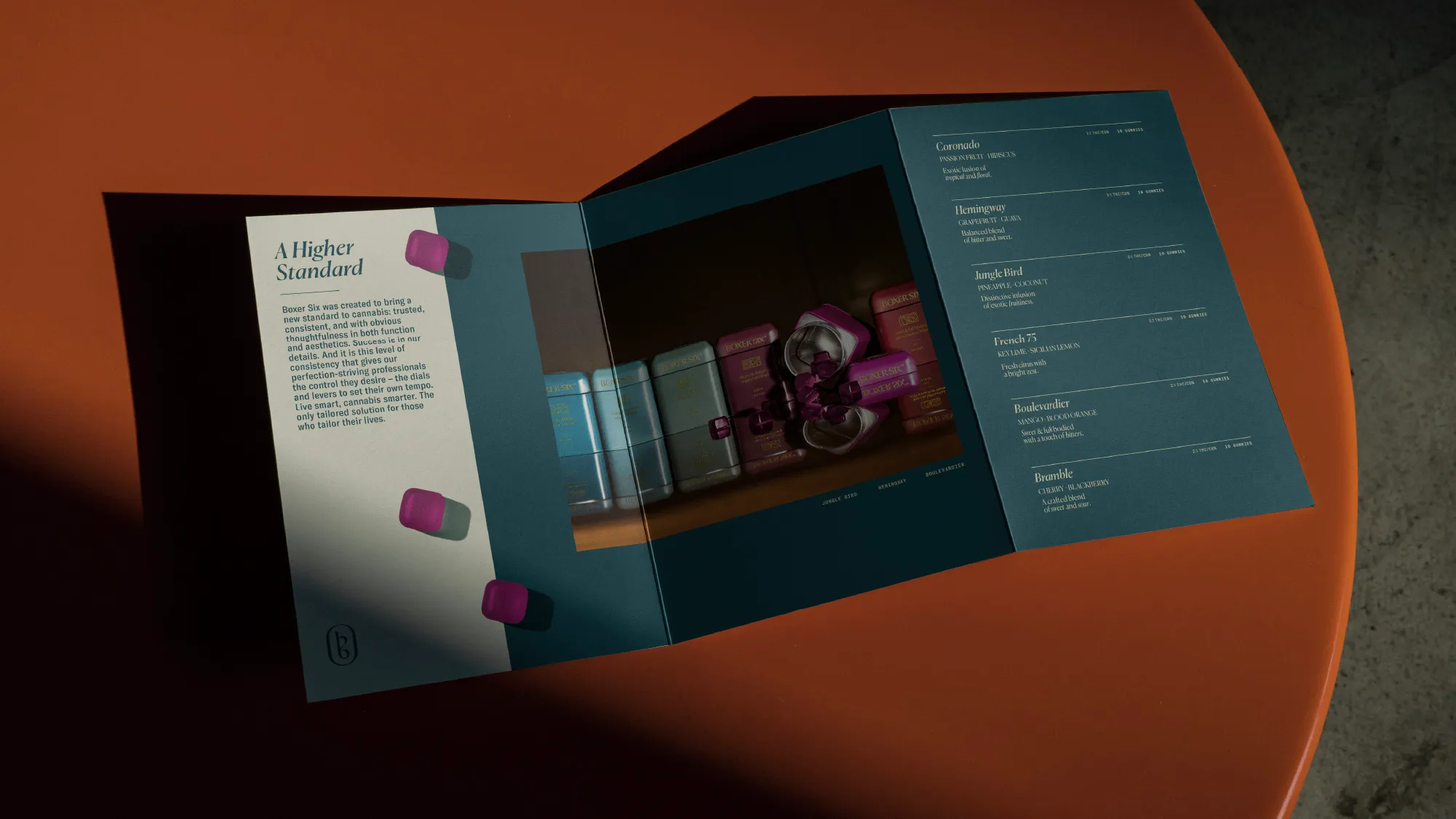 Open Boxer Six product catalog showing the flavor menu and brand statement