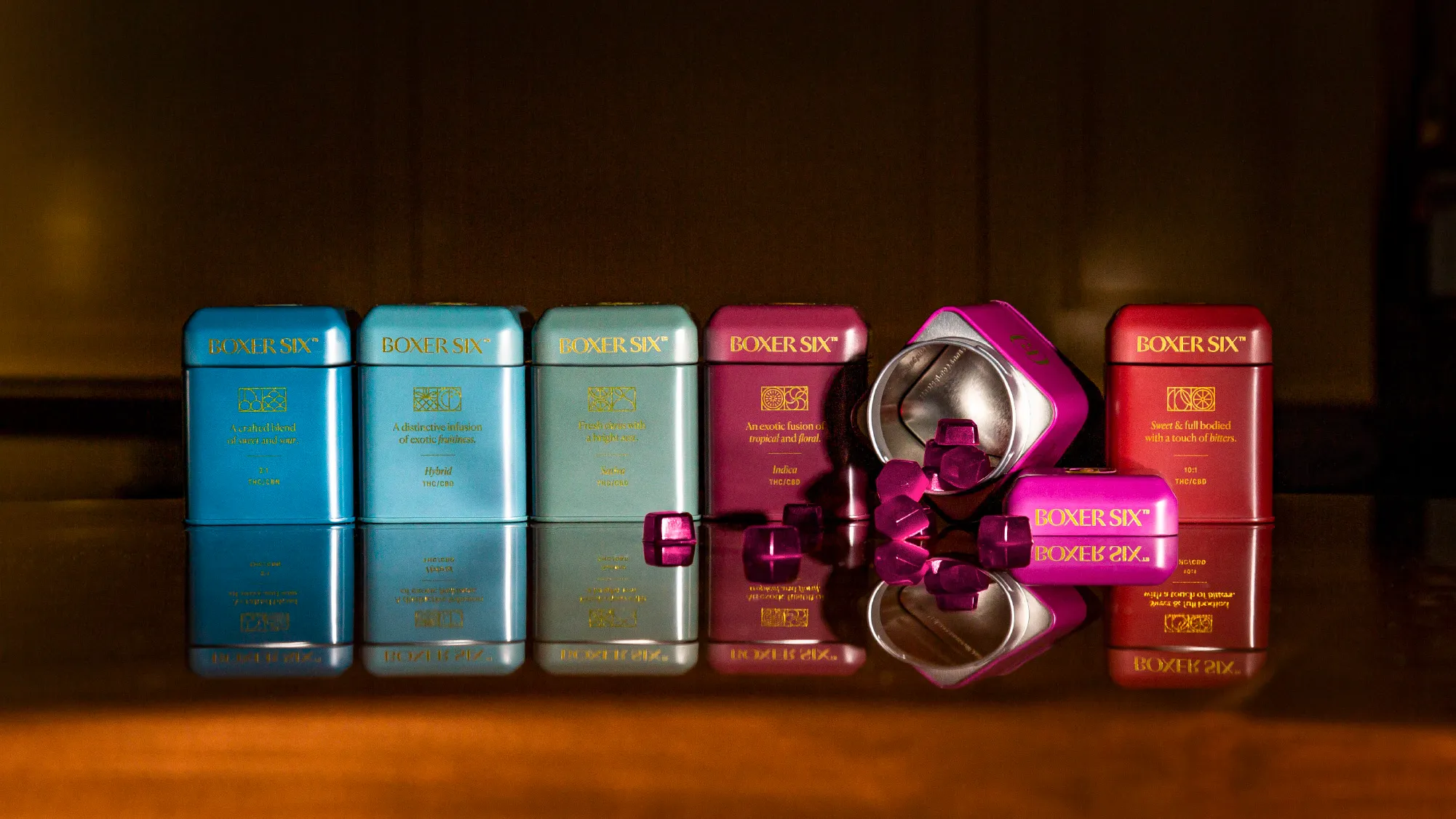 Six Boxer Six tins in the full flavor lineup with one opened to show diamond-cut gummies