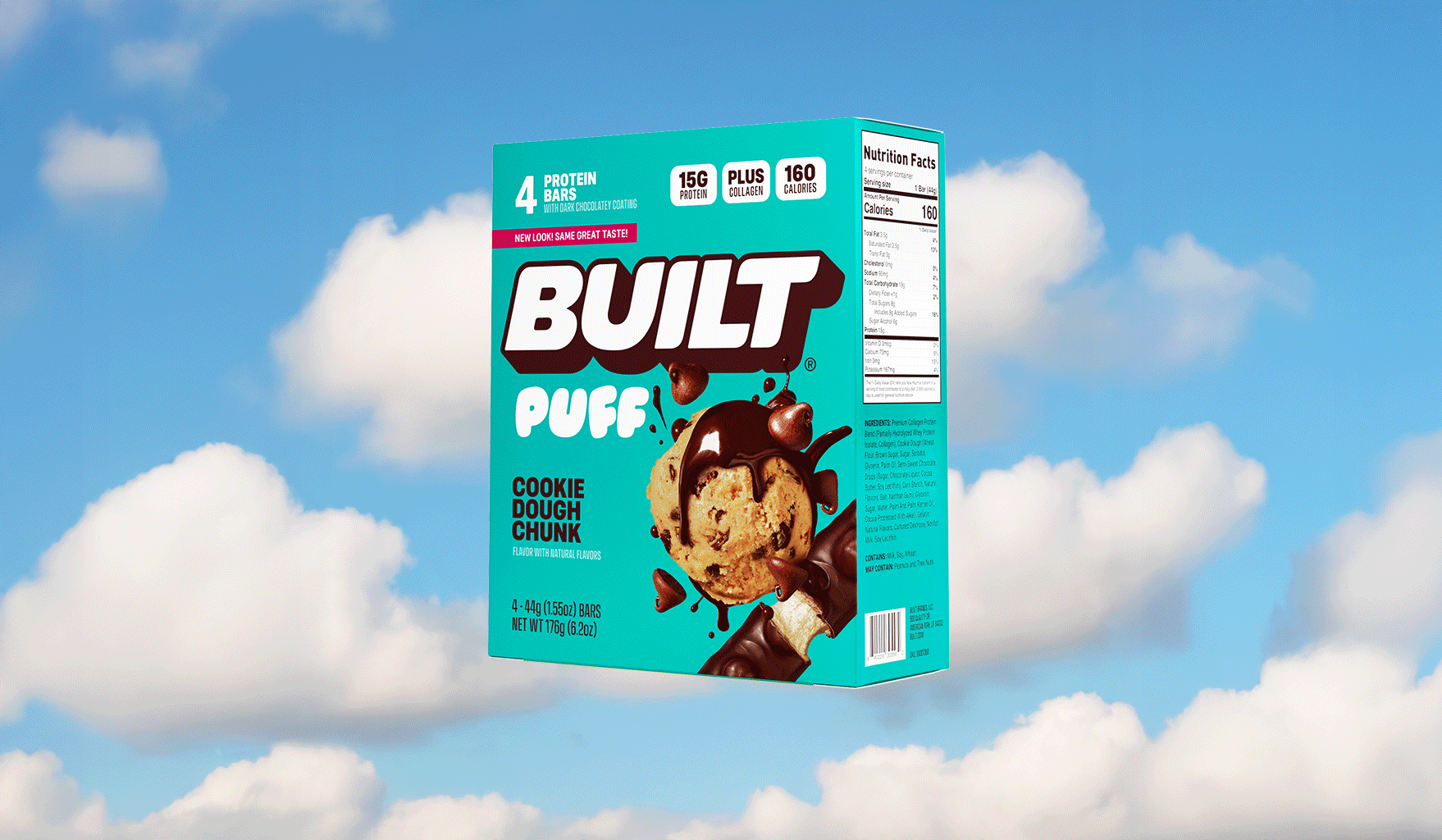 Teal Built Puff Cookie Dough Chunk four-pack box with 15g protein and collagen callouts.