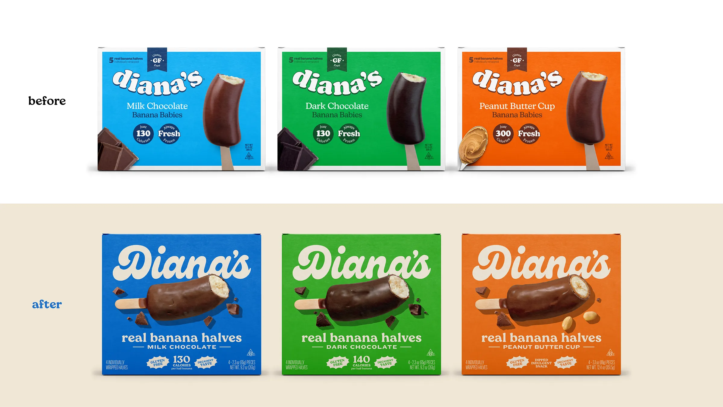 Before-and-after Diana's boxes: cluttered older designs above, refreshed bold-script designs below.