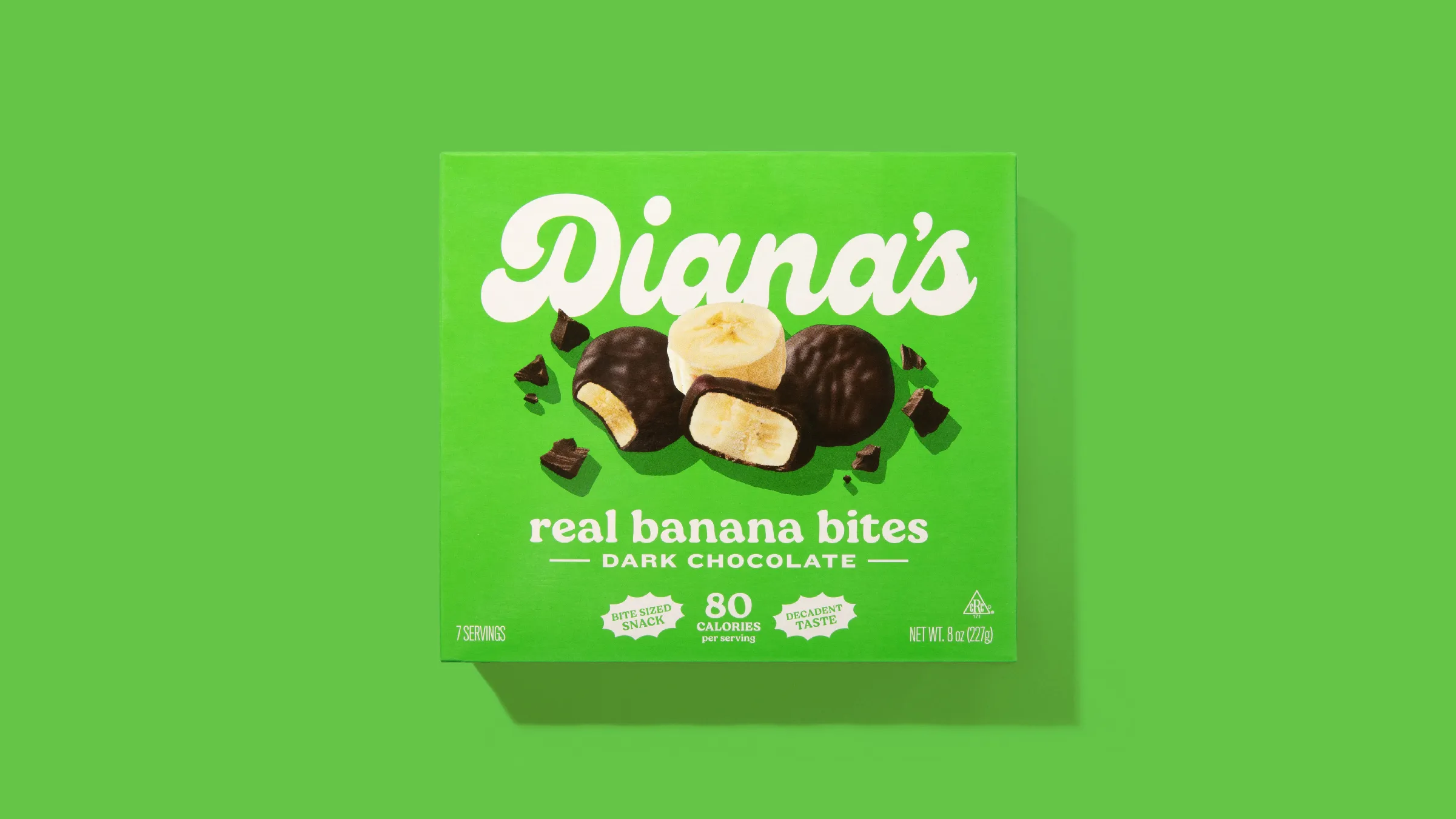 Green Diana's Dark Chocolate real banana bites box, 7 servings, 80 calories each.