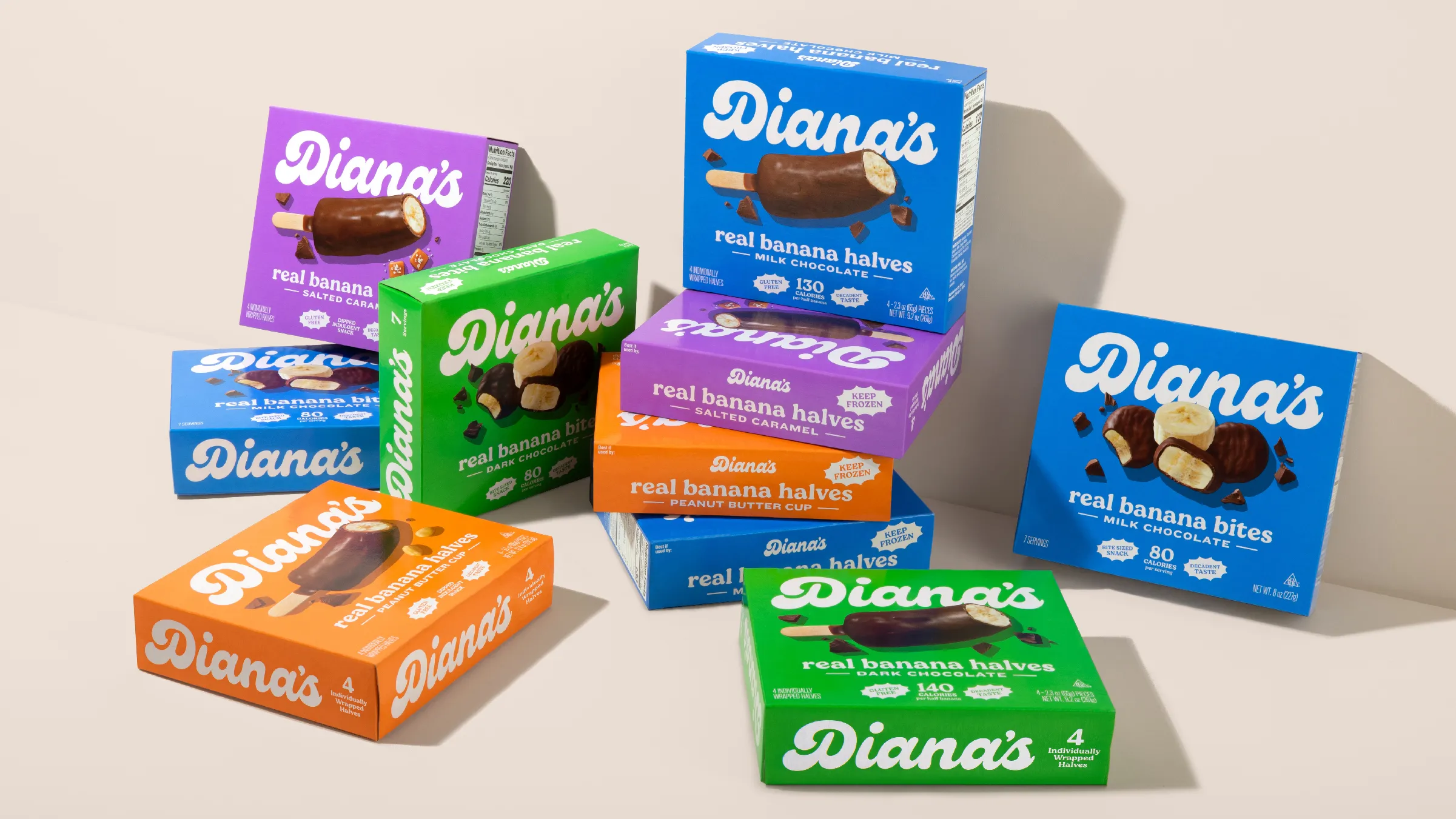 Cluster of all four Diana's box variants in purple, green, blue, and orange.