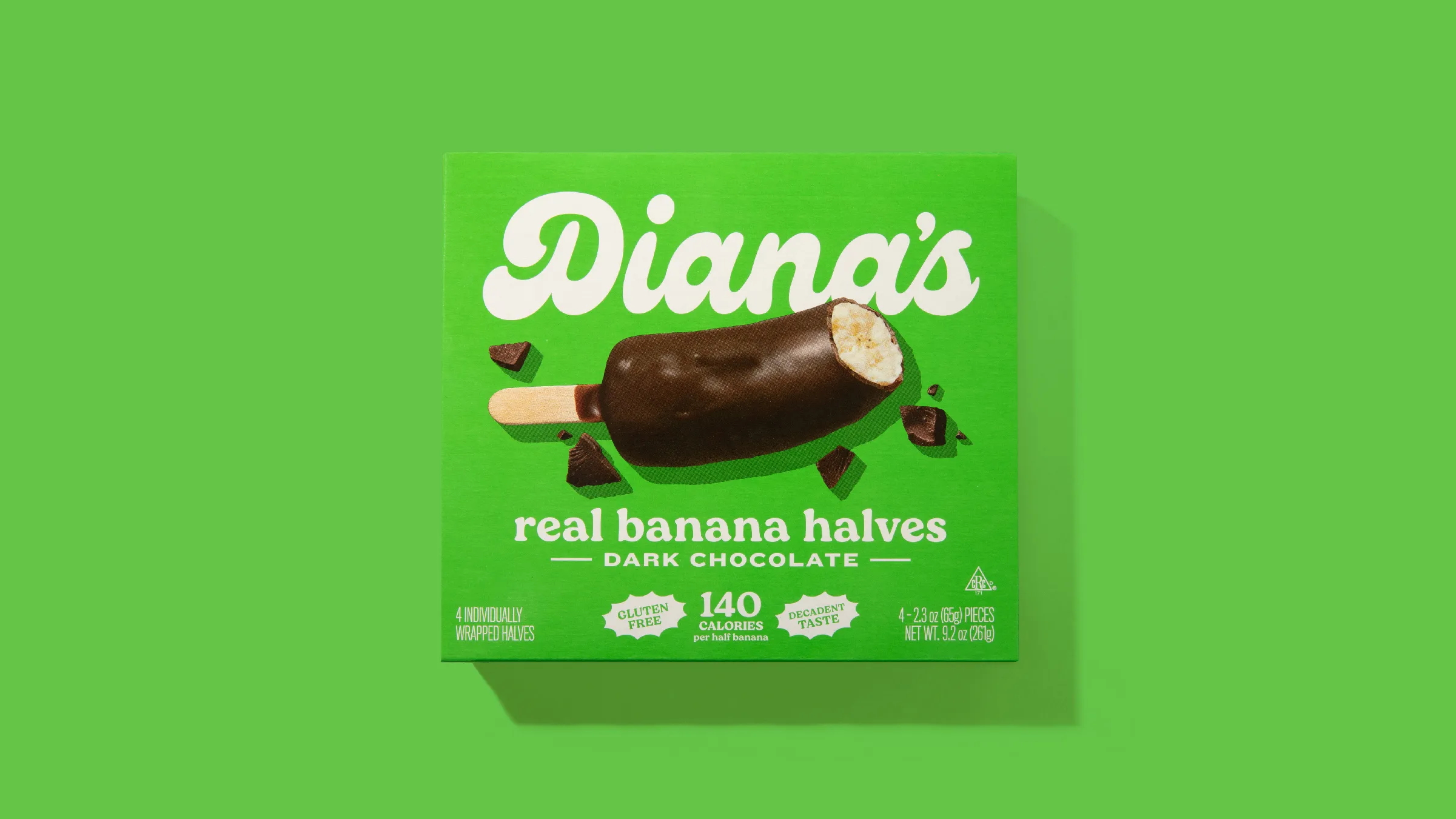 Green Diana's Dark Chocolate real banana halves box, 140 calories per half banana.