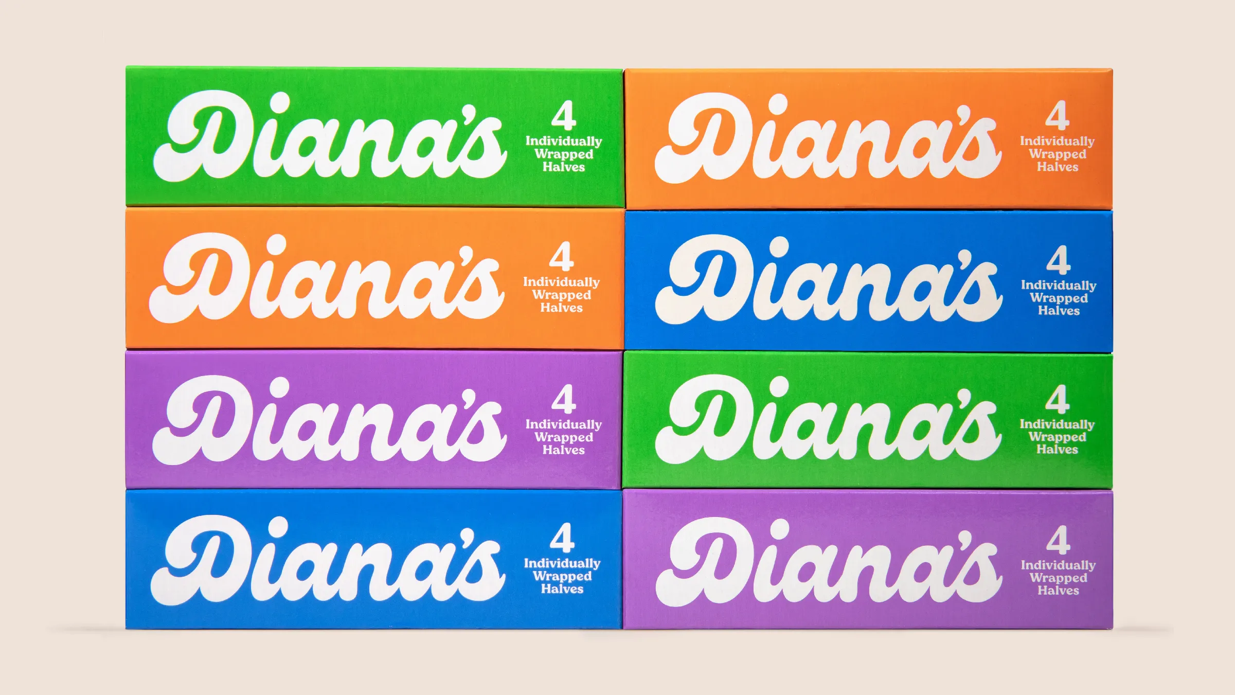 Eight Diana's boxes shown end-on in two columns; script logo and 'four individually wrapped halves' visible.