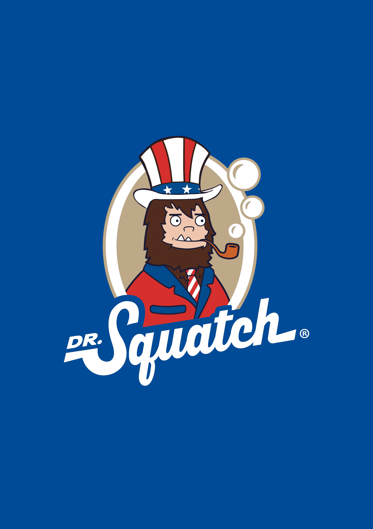 Dr. Squatch logo with the Bigfoot mascot wearing a red-white-blue Uncle Sam top hat on solid blue.