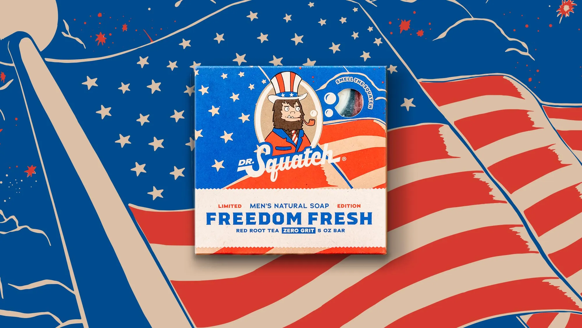 Limited-edition Freedom Fresh soap box with Red Root Tea and Uncle Sam Bigfoot art on an American-flag backdrop.
