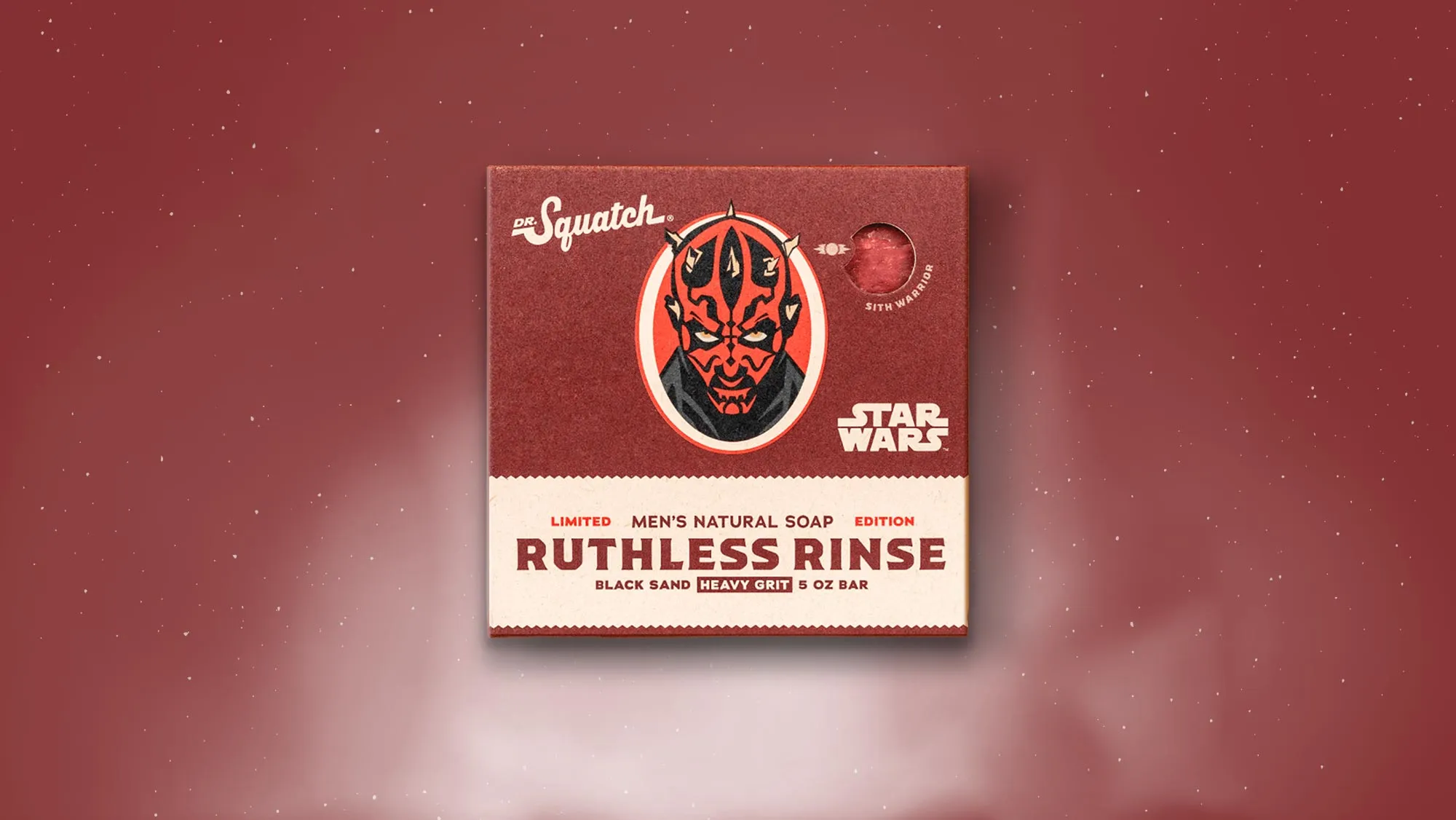 Star Wars Ruthless Rinse Dr. Squatch soap box with Darth Maul portrait on a starry red background.