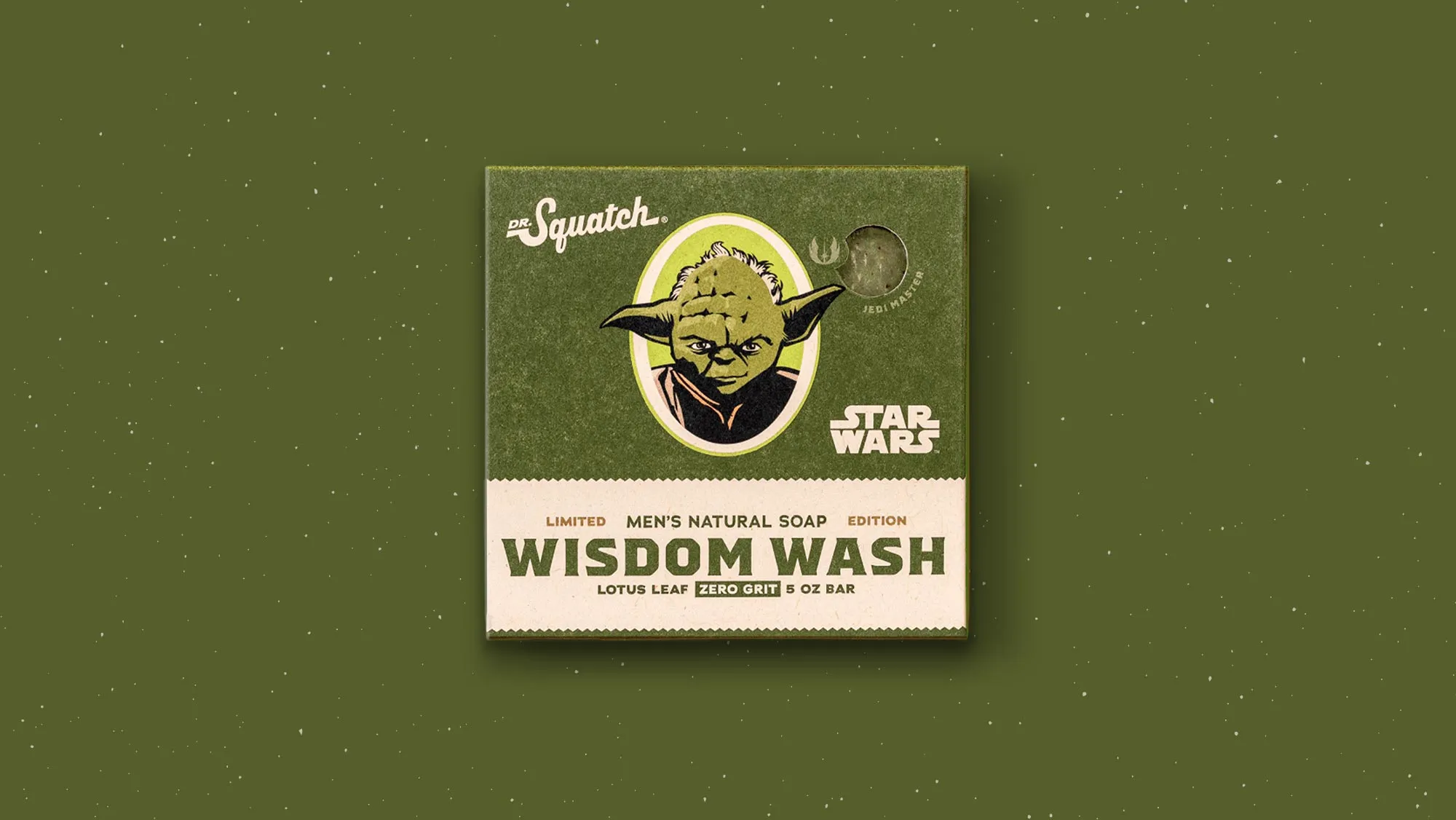 Star Wars Wisdom Wash Dr. Squatch soap box with Yoda portrait on a starry green background.