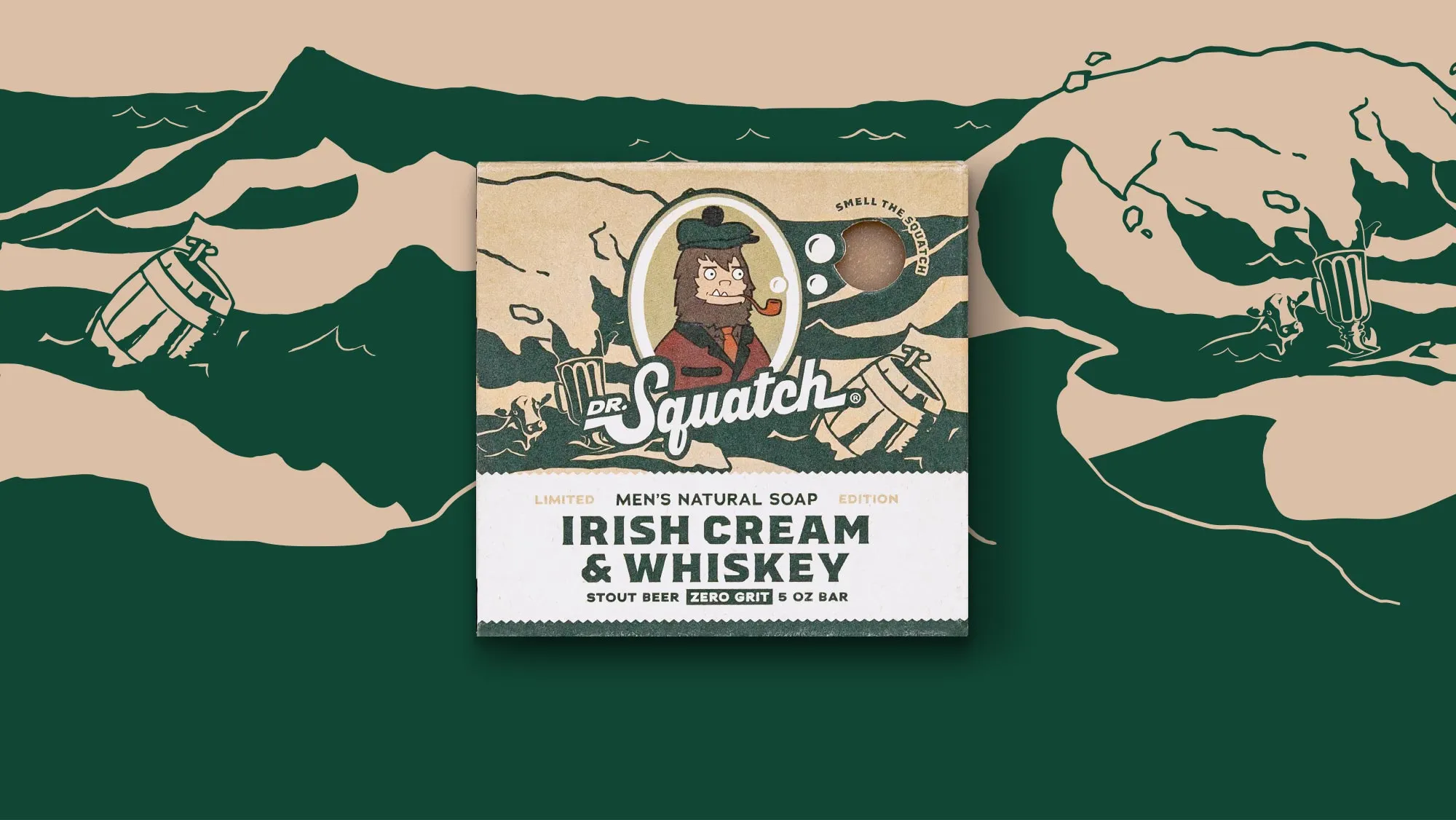 Limited-edition Irish Cream & Whiskey soap box with flat-cap Bigfoot art over a green tipped-keg illustration.