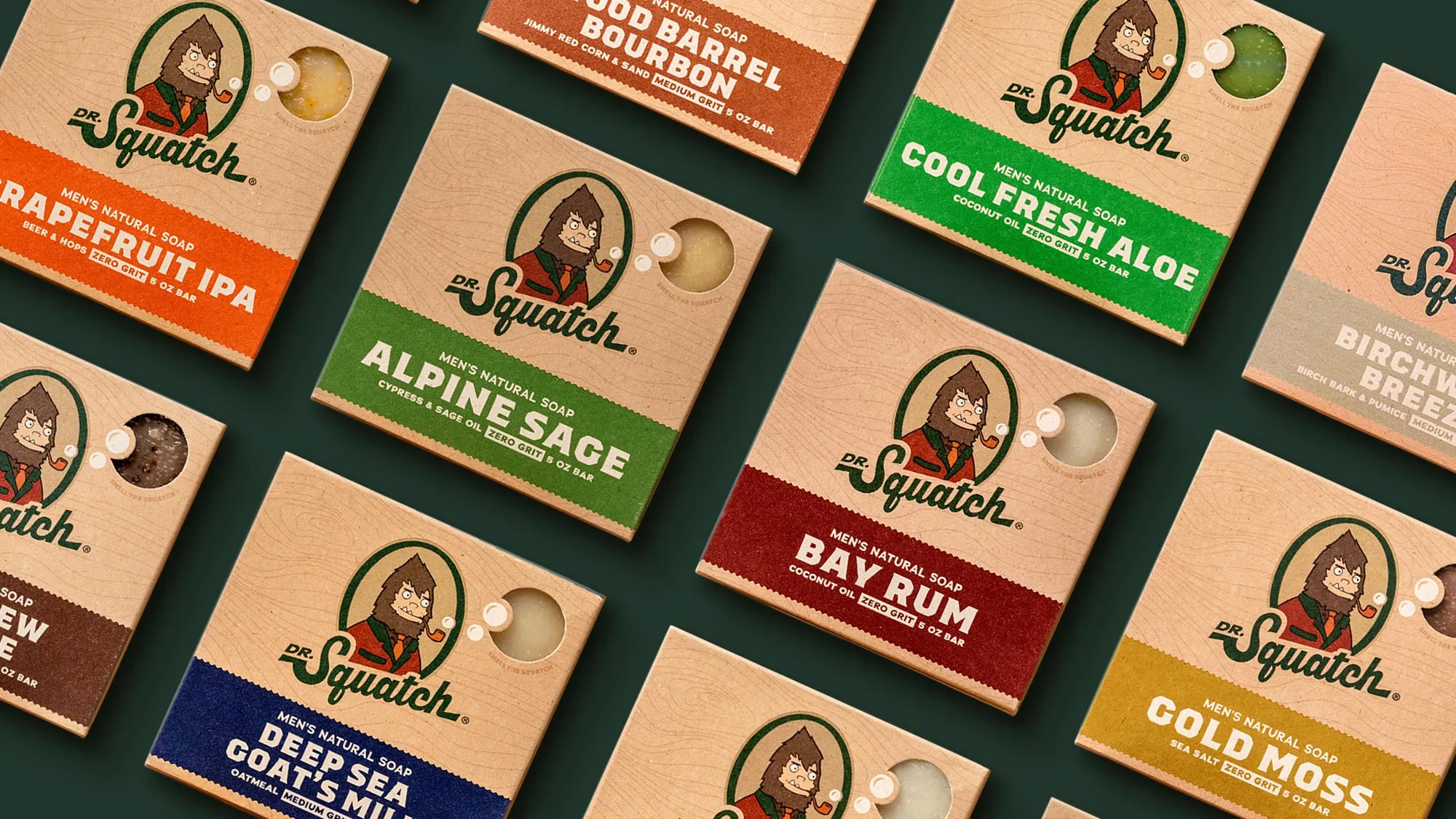Tiled grid of Dr. Squatch soap boxes including Grapefruit IPA, Pine Tar, Cool Fresh Aloe, and Bay Rum.