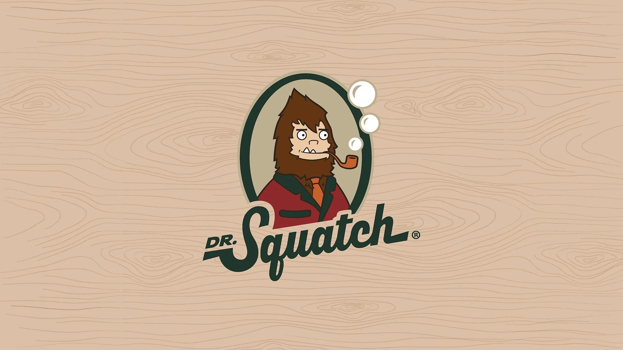 Dr. Squatch logo: Bigfoot with pipe in green oval badge above the script wordmark on wood-grain.