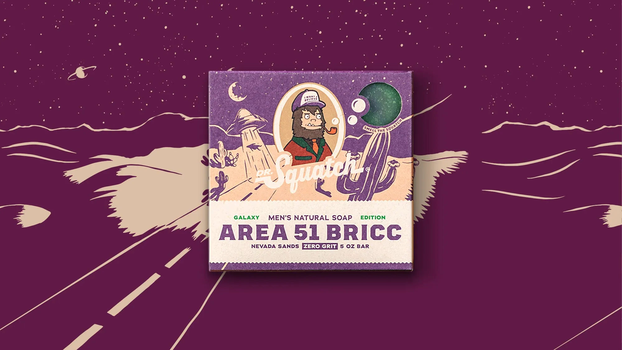 Galaxy-edition Area 51 Bricc soap box with Nevada Sands and Bigfoot in a trucker cap on a starry purple desert.