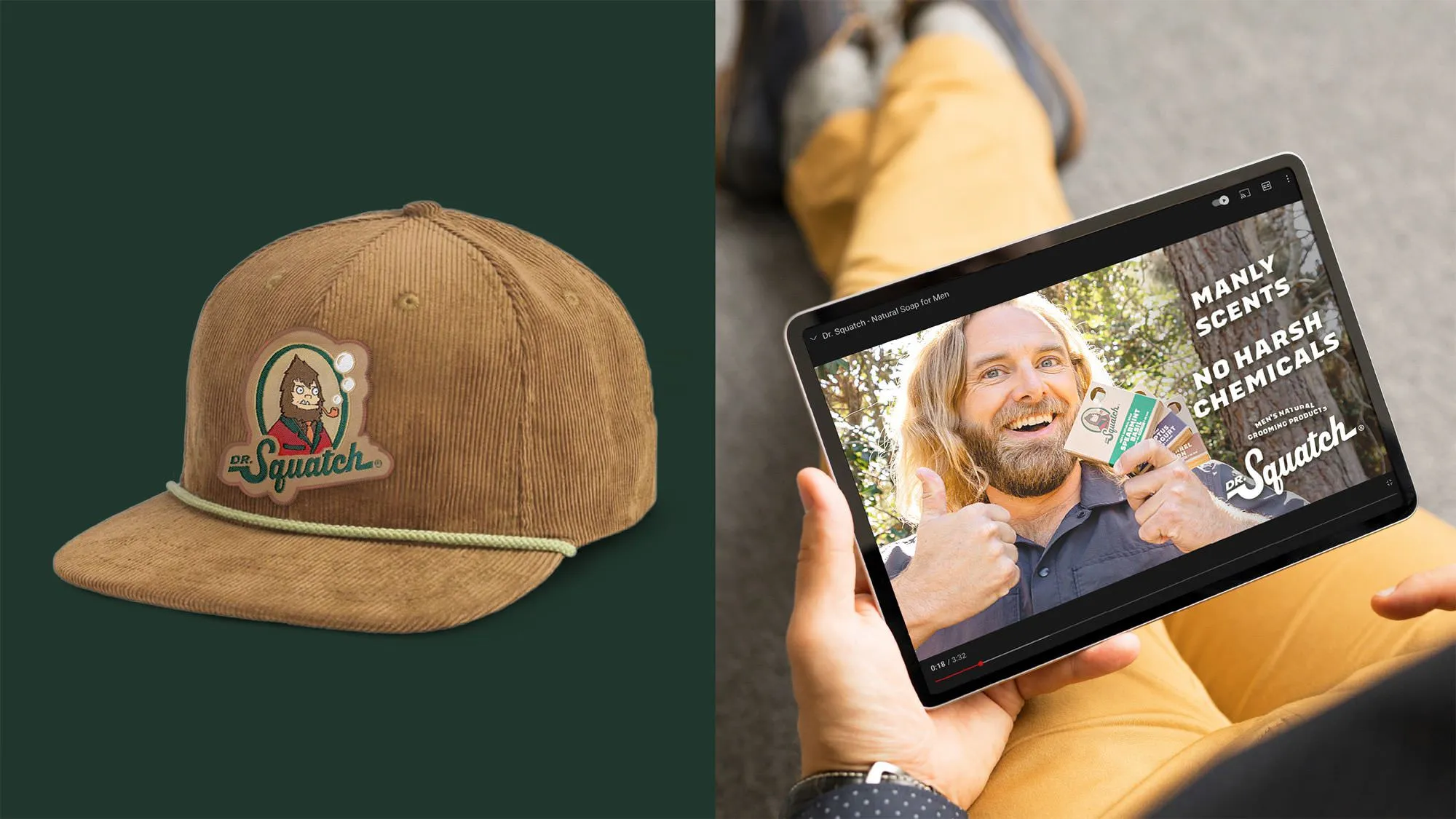 Tan corduroy Dr. Squatch logo cap with rope detail; tablet showing a 'Manly scents, no harsh chemicals' ad.
