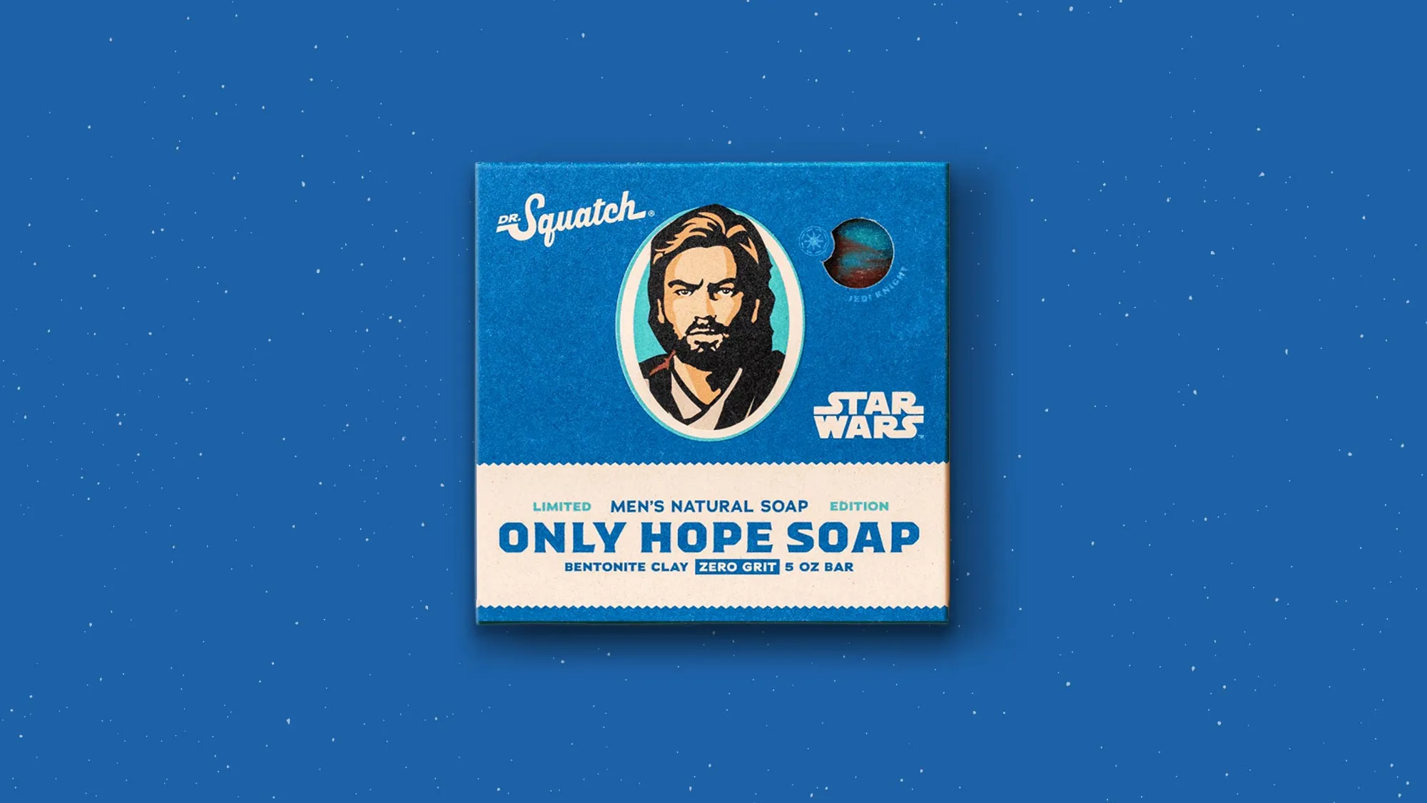 Star Wars Only Hope Dr. Squatch soap box with Obi-Wan Kenobi portrait on a starry blue background.