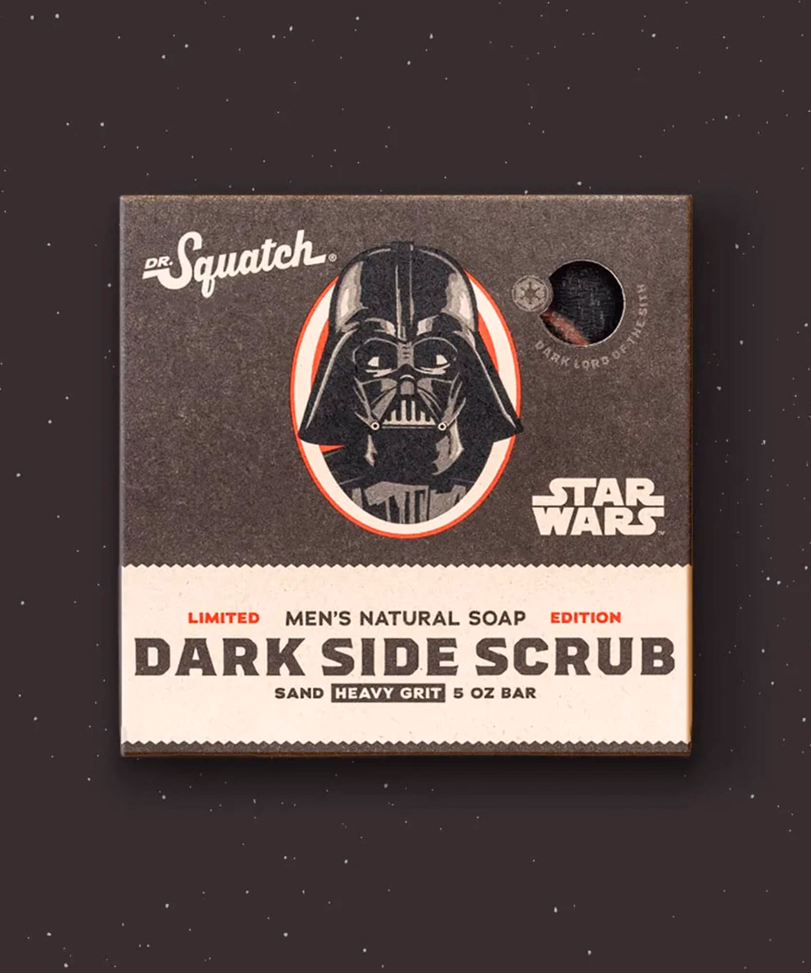 Star Wars Dark Side Scrub Dr. Squatch soap box with Darth Vader portrait on a starry dark background.