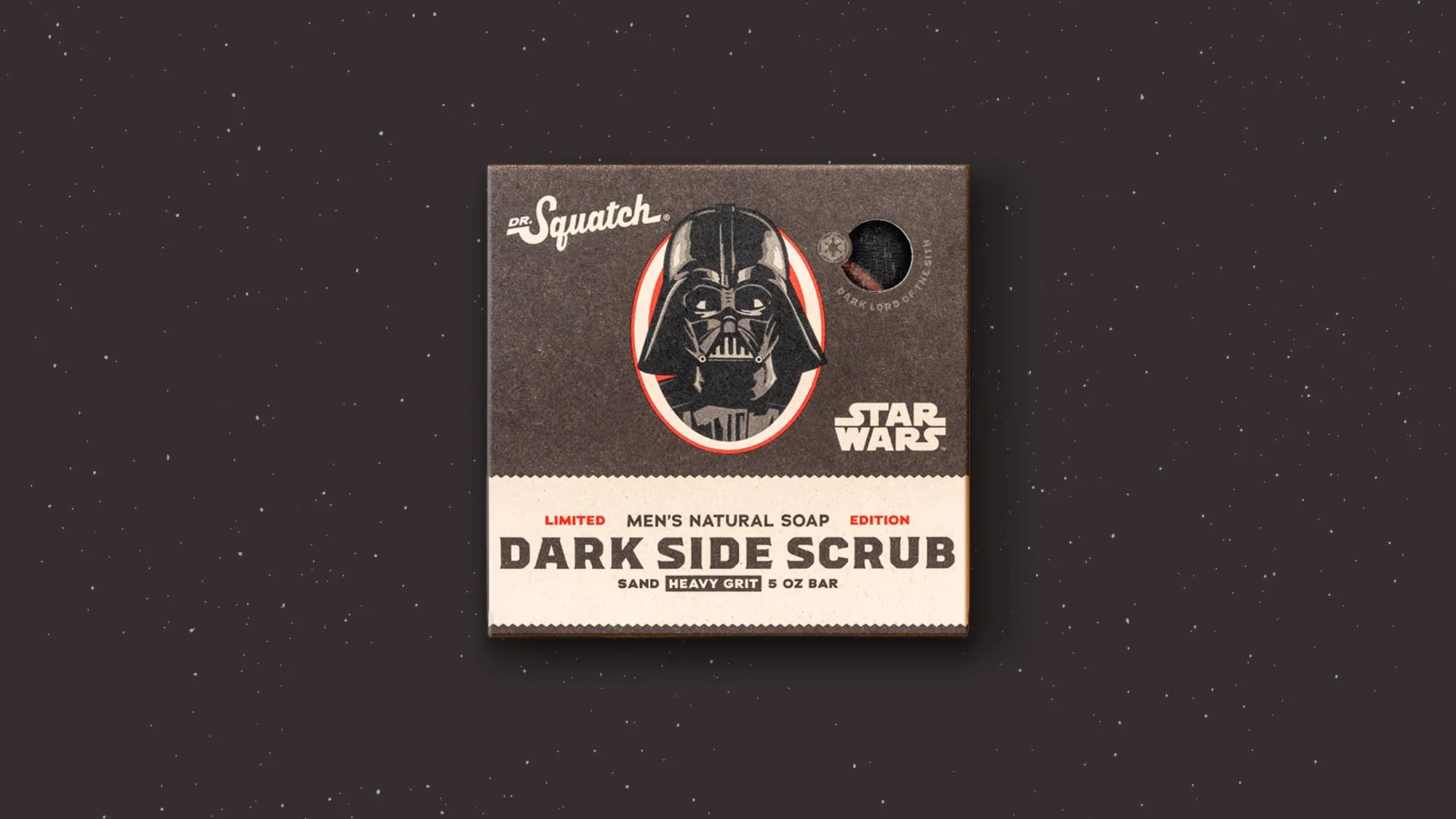 Star Wars Dark Side Scrub Dr. Squatch soap box with Darth Vader portrait on a starry dark background.