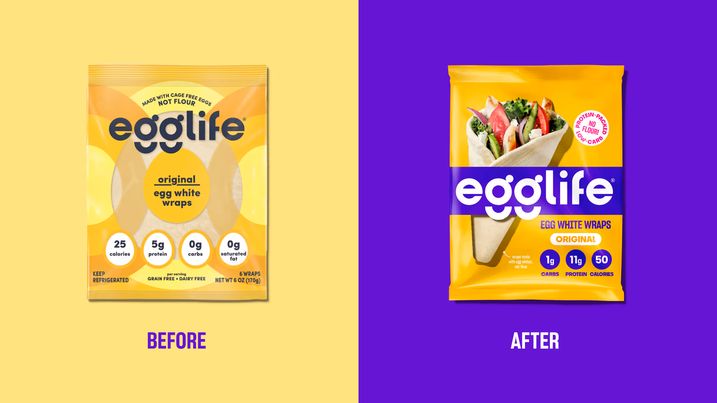 Before-and-after egglife Original wrap packaging: older yellow bag on cream above the refreshed bag on purple.