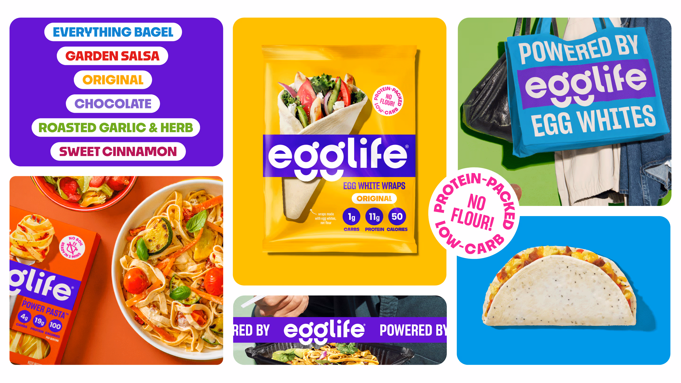 egglife brand collage: flavor list, Original wrap, blue tote, Power Pasta bowl, 'Protein-packed, no flour, low-carb' badge.