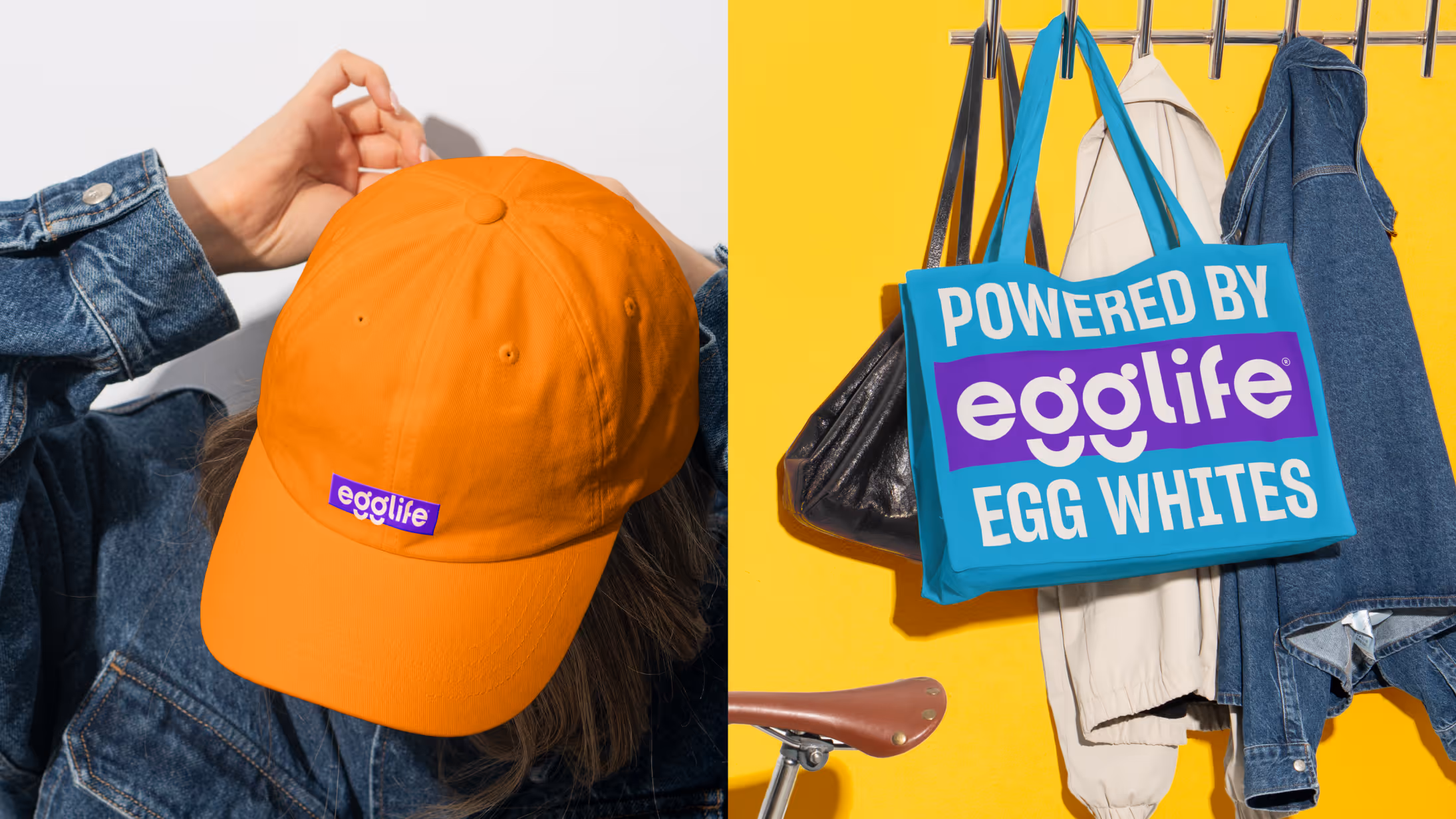 Person in a denim jacket with an orange egglife patch cap; blue 'Powered by egglife egg whites' tote on yellow.