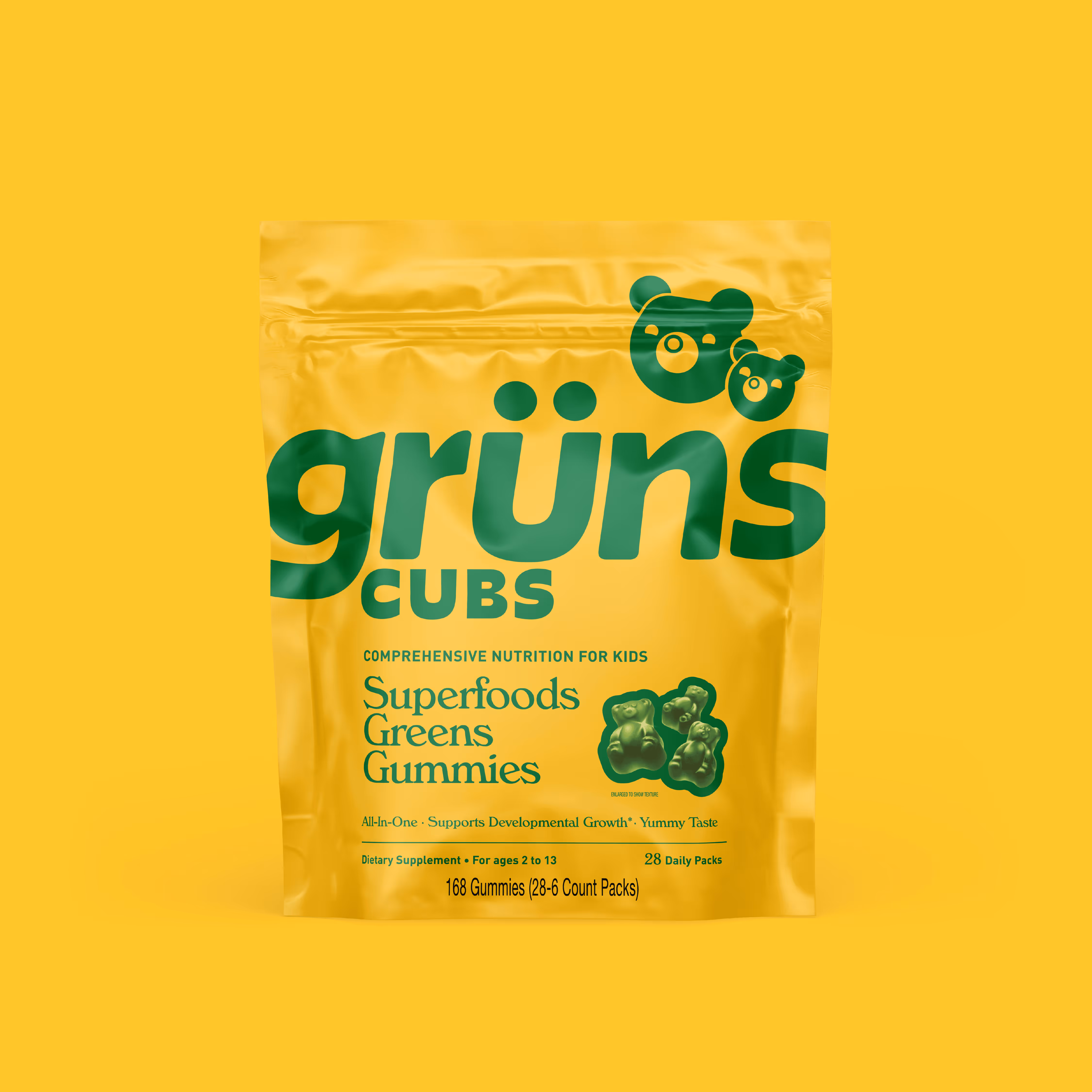 Yellow Grüns Cubs pouch for kids ages 2–13 with green bear logo and a 168-gummy callout.