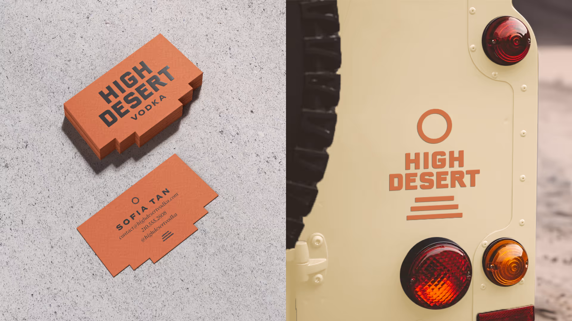 Two orange die-cut stepped 'High Desert' business cards on concrete; cream off-road vehicle with the brandmark behind.