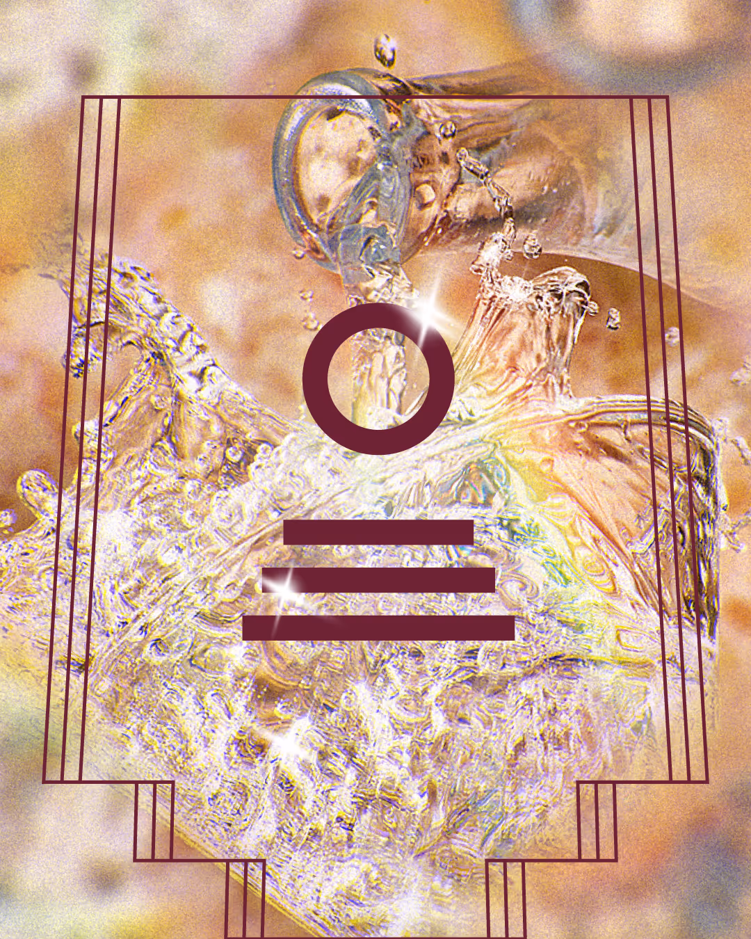 Splashing pour of vodka with prismatic refraction overlaid with the maroon stepped-frame High Desert mark.