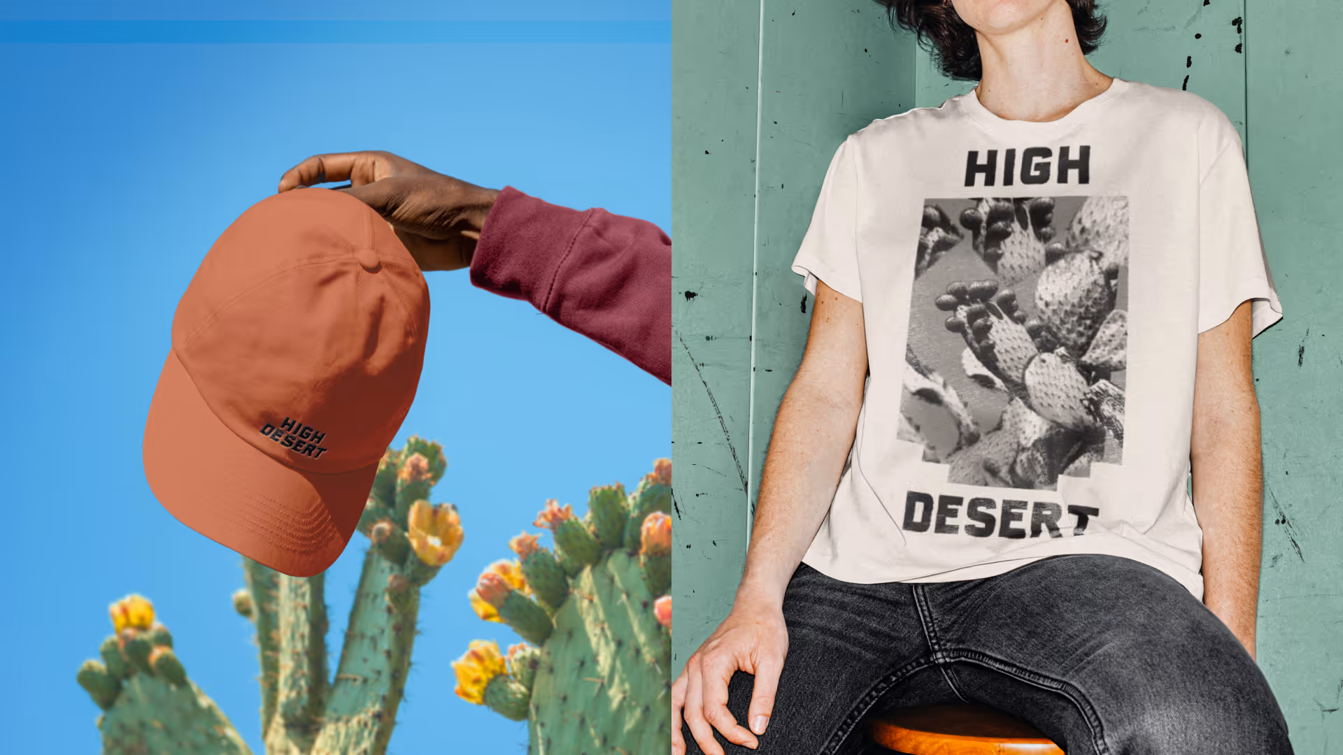 Hand holding an orange 'High Desert' cap by a flowering prickly-pear cactus; cream tee with cactus photo print.