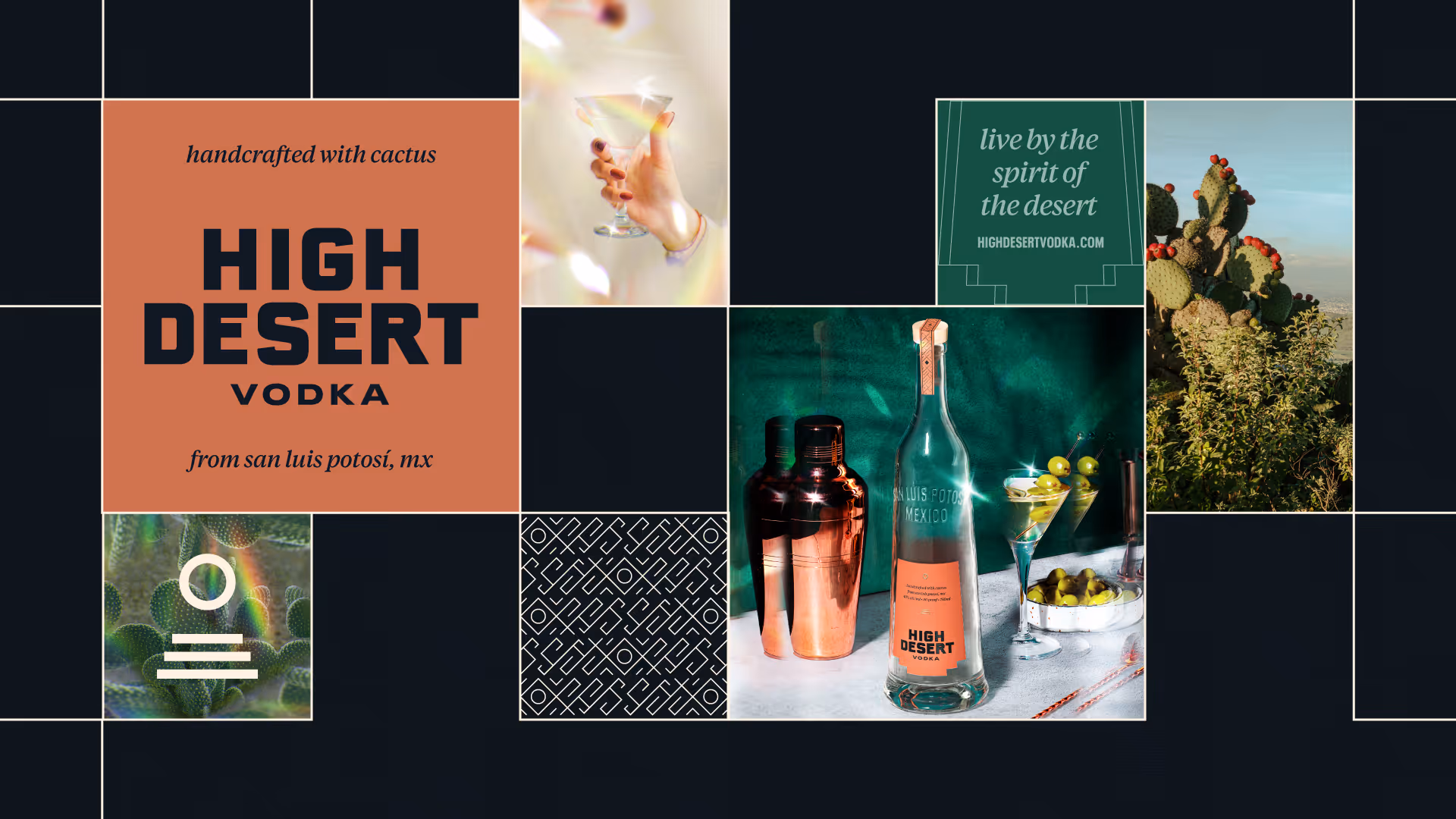 High Desert toolkit grid on dark: logo lockup, martini photo, geometric pattern, tagline tile, cactus, bottle, monogram.