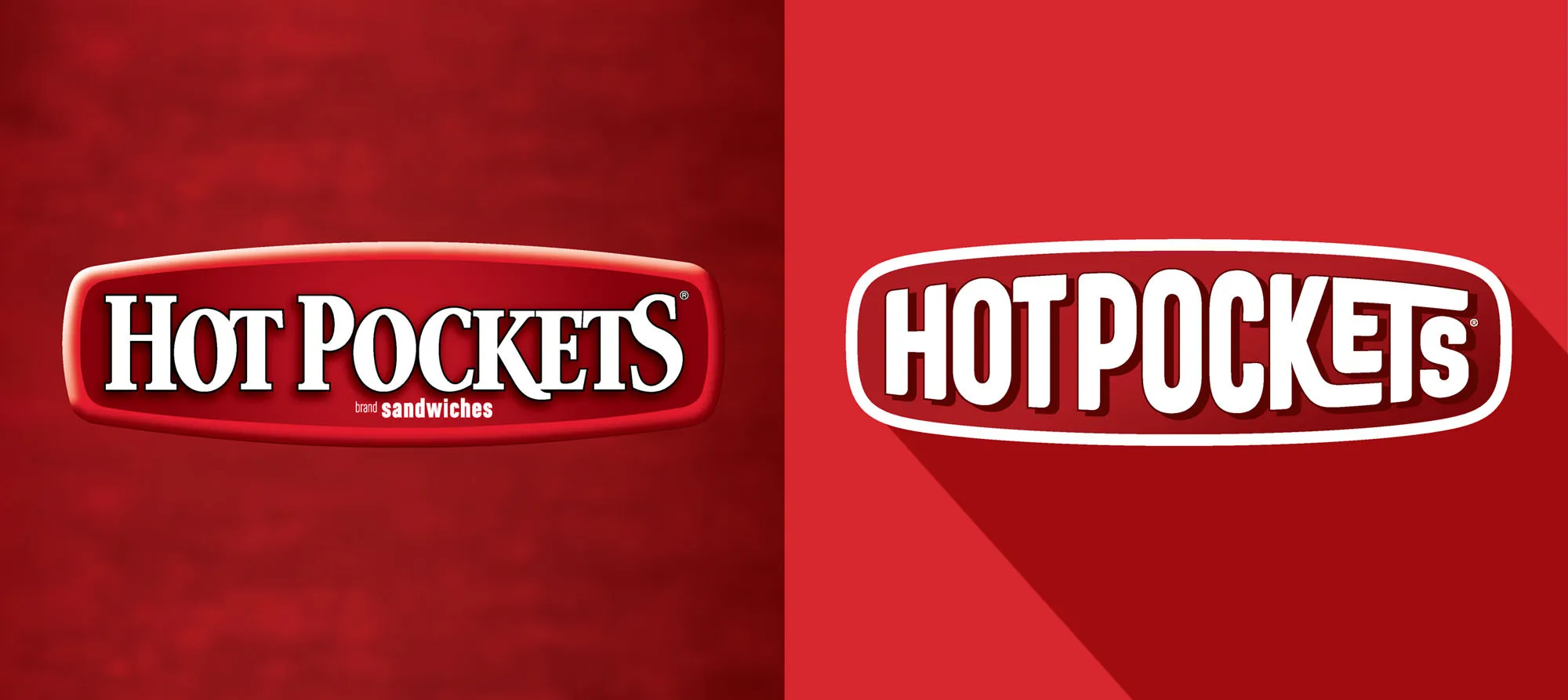 Side-by-side Hot Pockets logo comparison: oval 'brand sandwiches' wordmark left; chunky cartoon-style logo right.