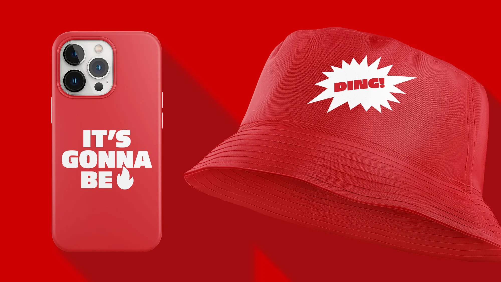 Hot Pockets merch on red: red phone case reading 'It's gonna be 🔥' and a red bucket hat with a 'Ding!' comic-burst patch.