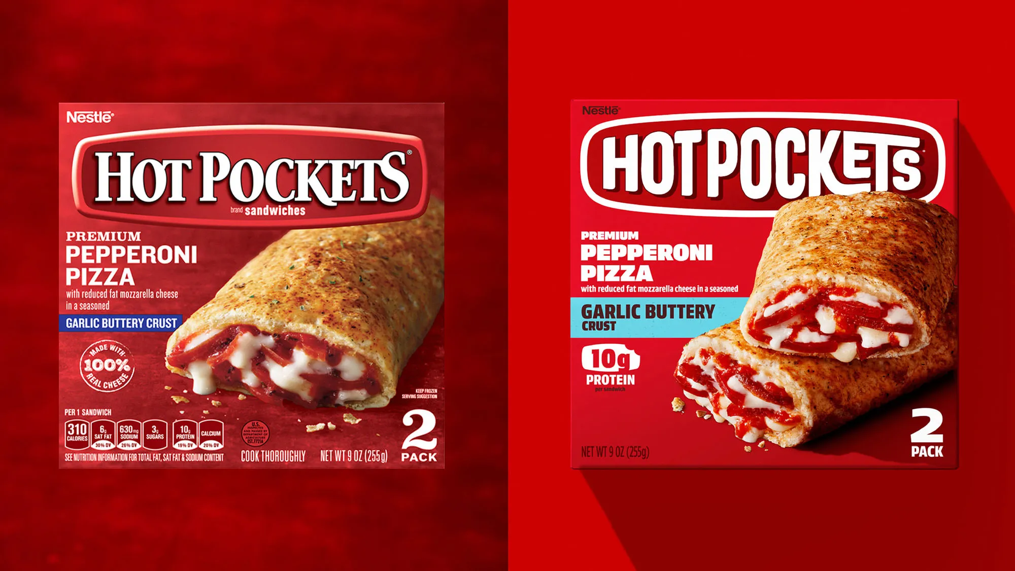 Pepperoni Pizza Garlic Buttery Crust Hot Pockets box: older Nestlé version at left, redesigned bigger-logo version right.