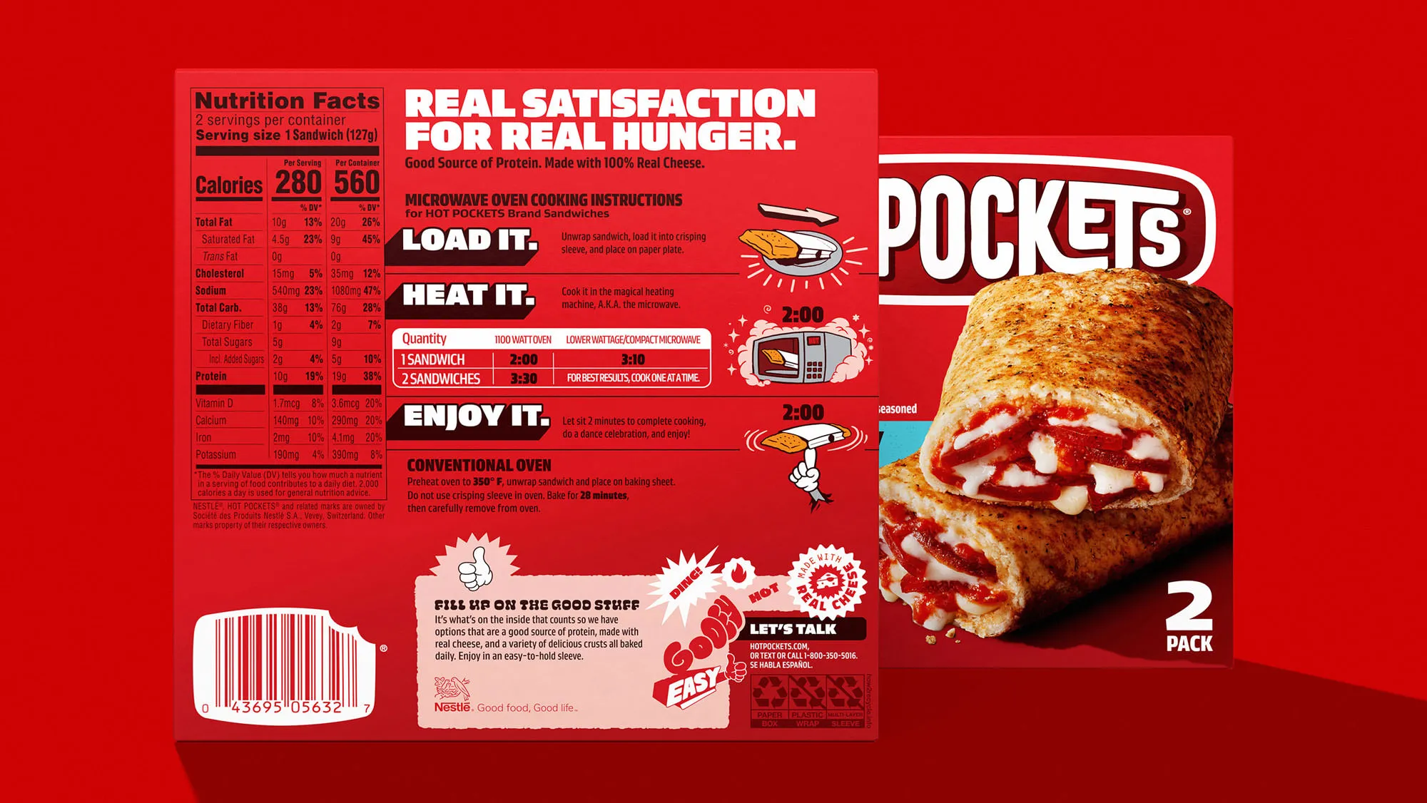 Back of a Hot Pockets box on red with nutrition facts and 'Load it / Heat it / Enjoy it' sticker-style instructions.