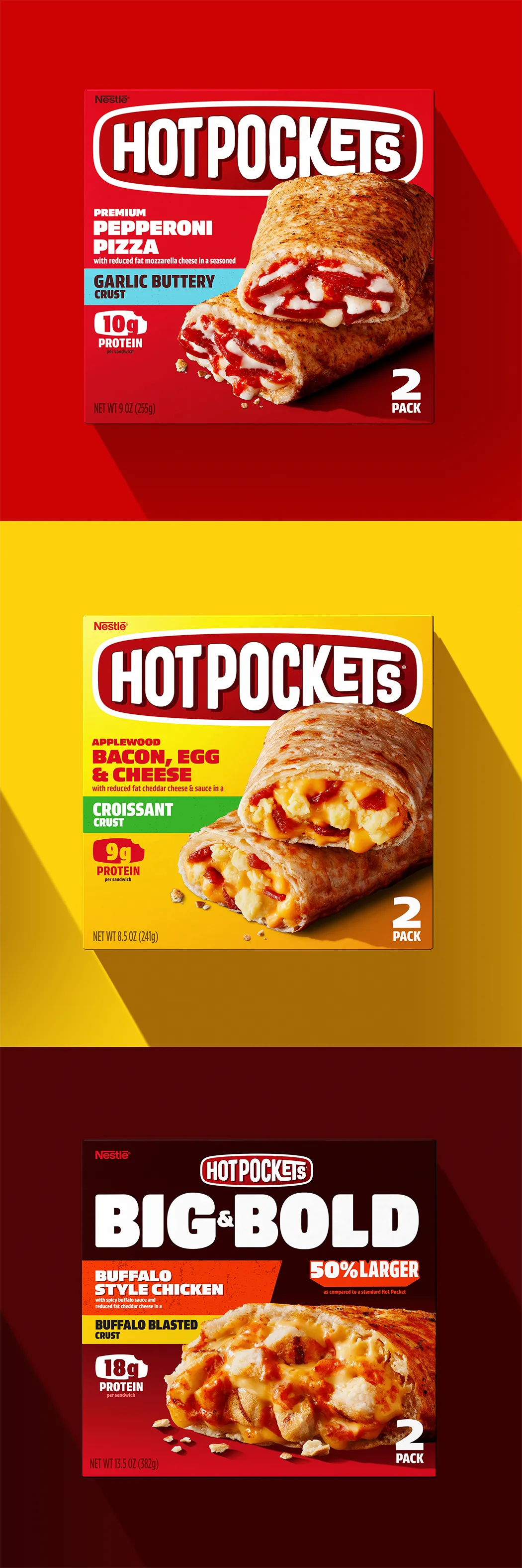 Vertical lineup of three Hot Pockets boxes: Pepperoni Pizza, Bacon Egg & Cheese Croissant, Big & Bold Buffalo Style Chicken.