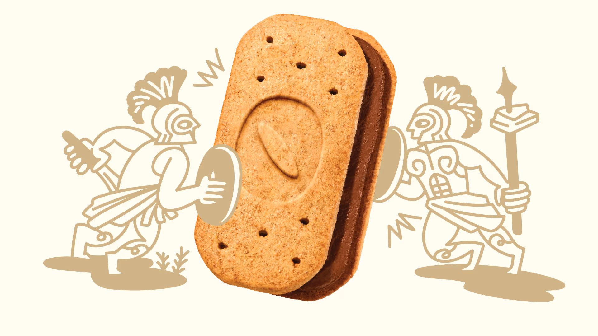 Single Olyra biscuit floating between line drawings of Greek soldiers with helmets, shields, and spears on cream.