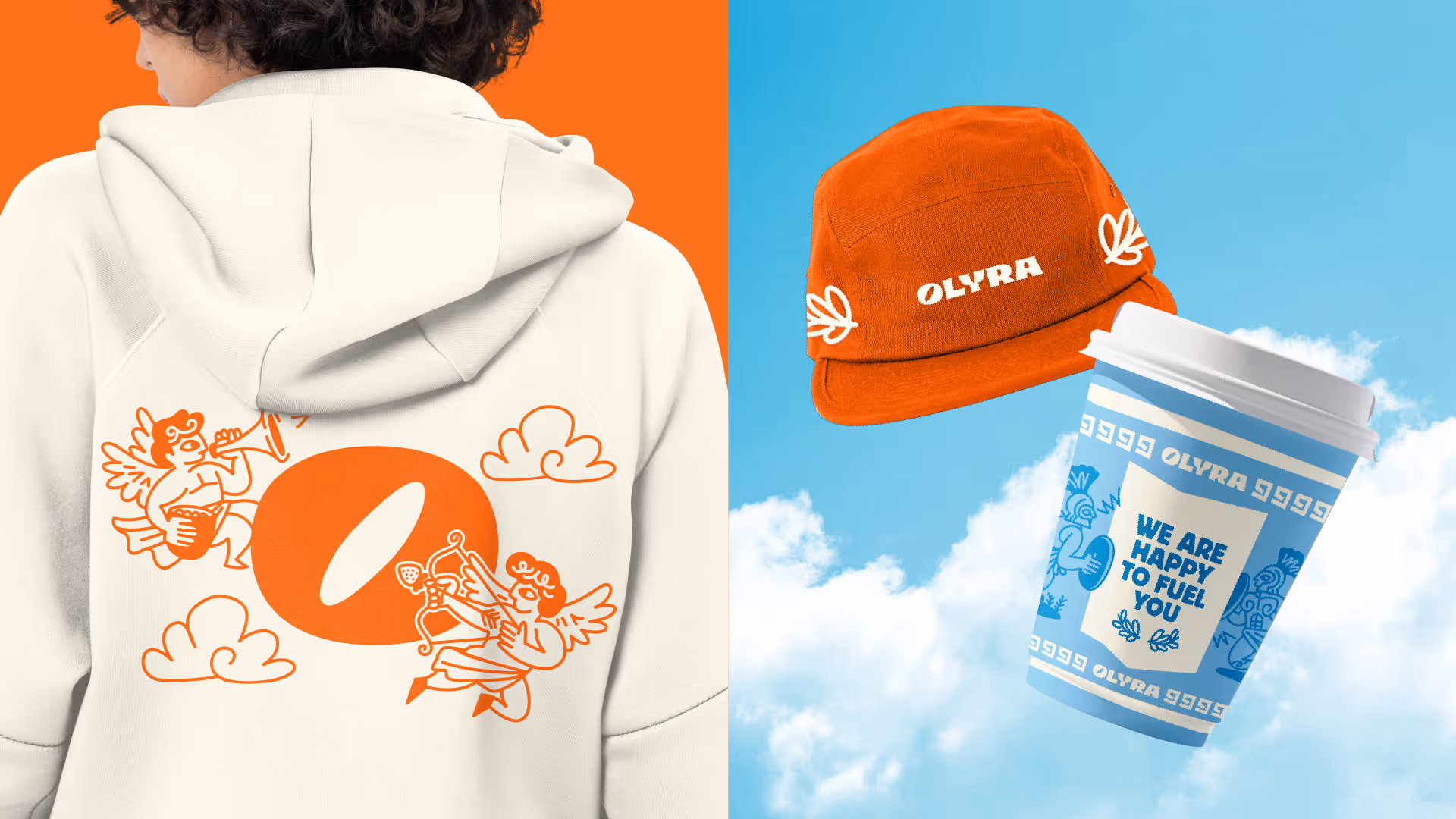 Back of a person in a cream Olyra hoodie with cherub illustrations; orange five-panel cap and blue 'Olyra' coffee cup.
