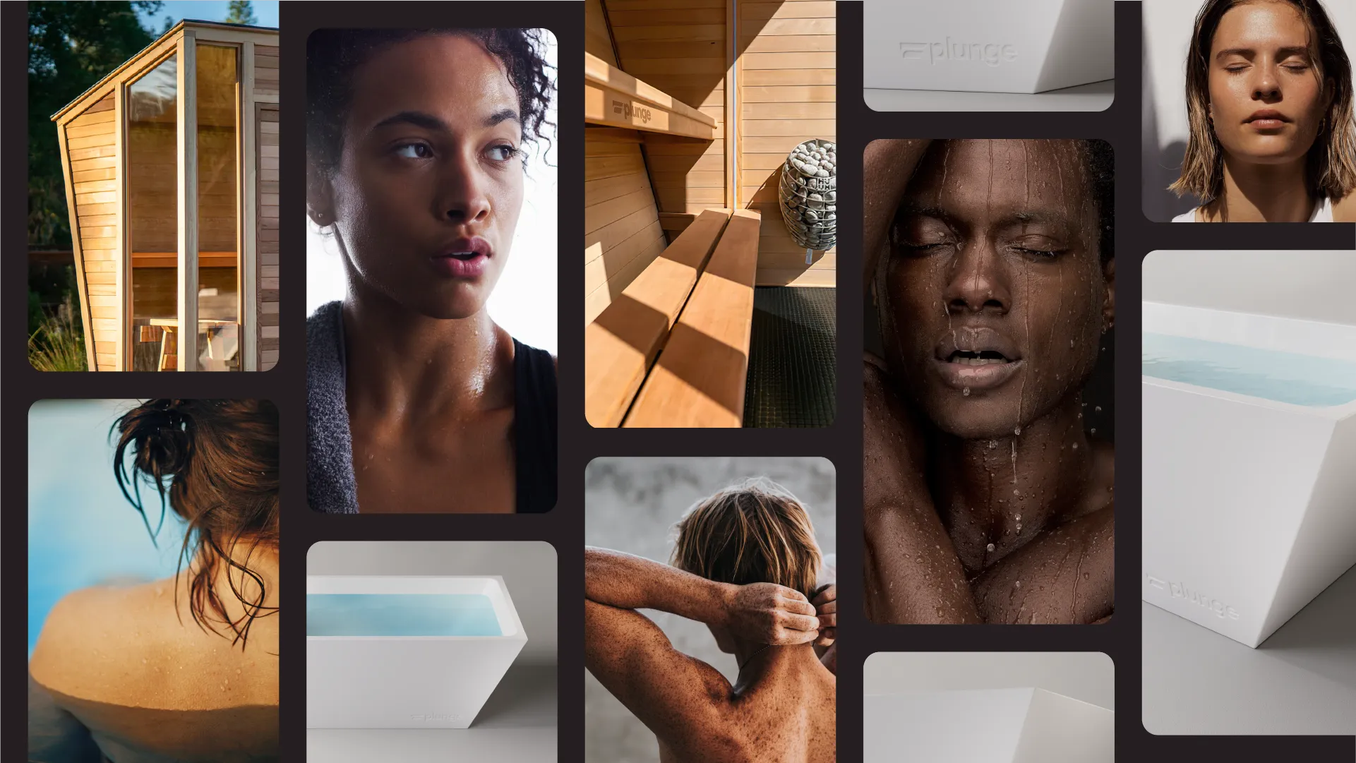 Plunge social tile collage of cropped portraits, a wood sauna, faces with wet skin, and white tub product shots.