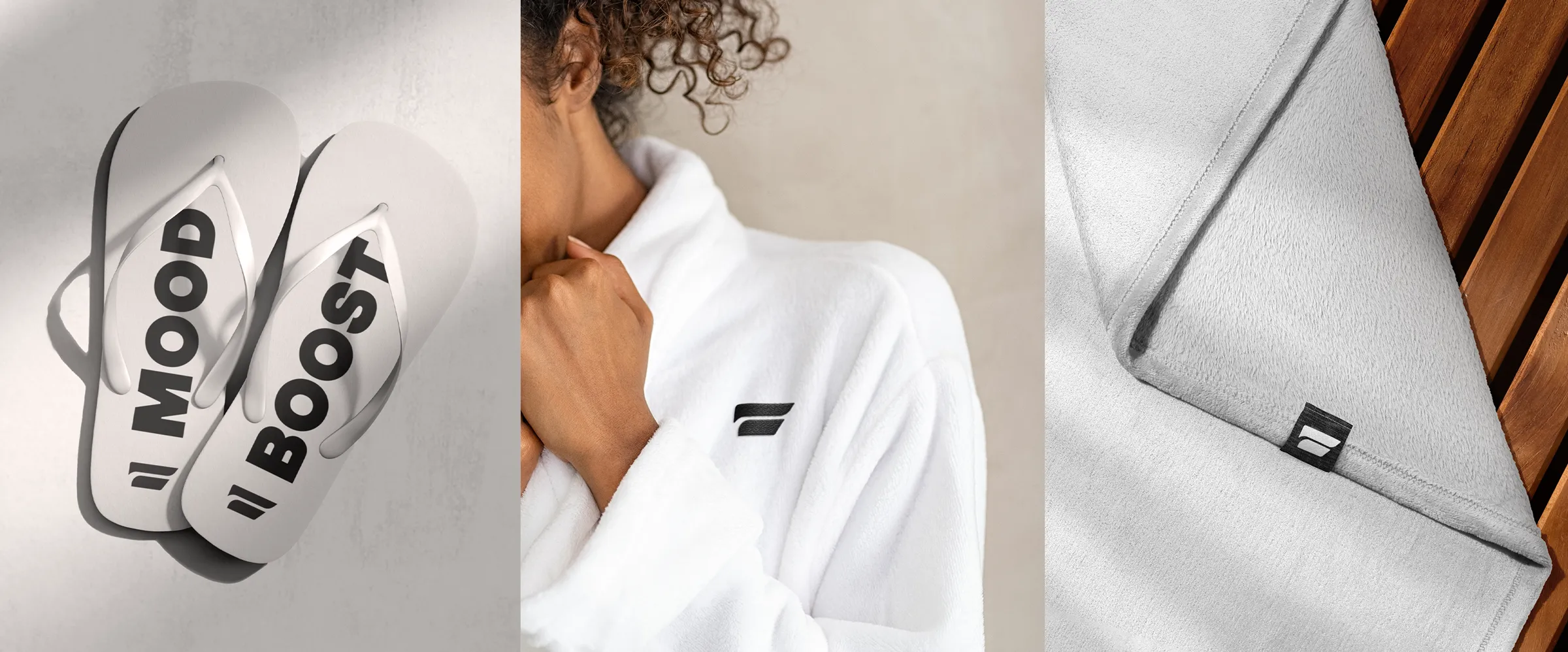 Plunge product triptych: white 'Mood Boost' flip-flops, a person in a logo robe, and a folded white logo towel.