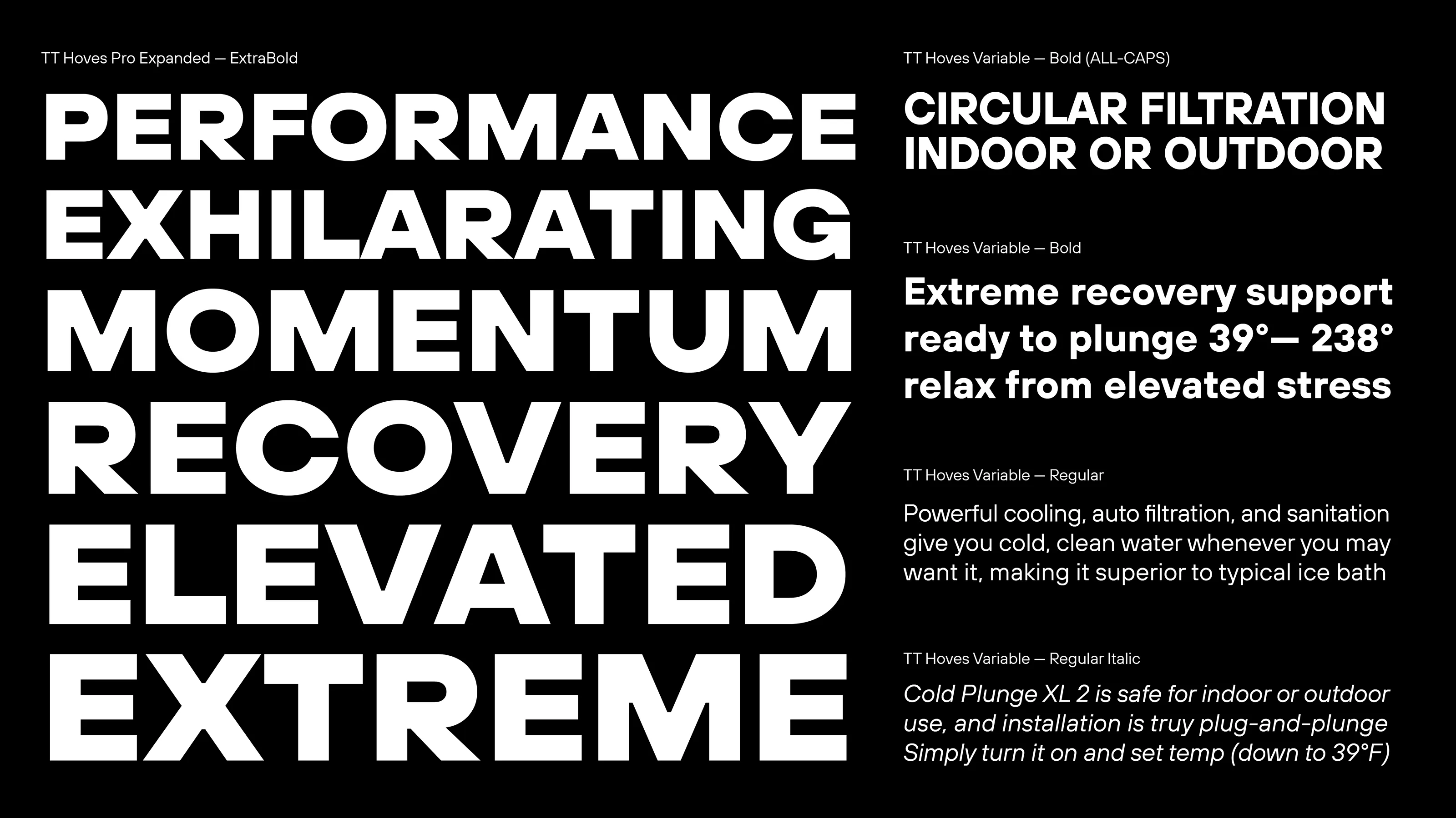 Black Plunge typography poster listing Performance, Exhilarating, Momentum, Recovery, Elevated, Extreme.