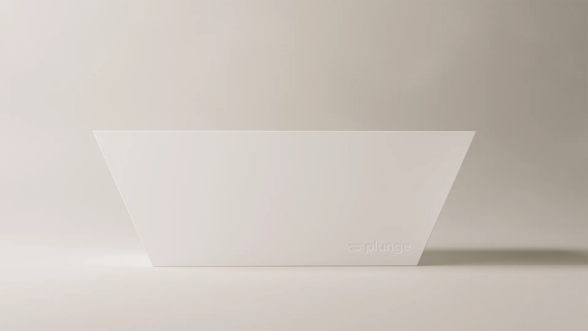 White trapezoidal Plunge cold plunge tub against a beige studio backdrop with embossed wordmark.