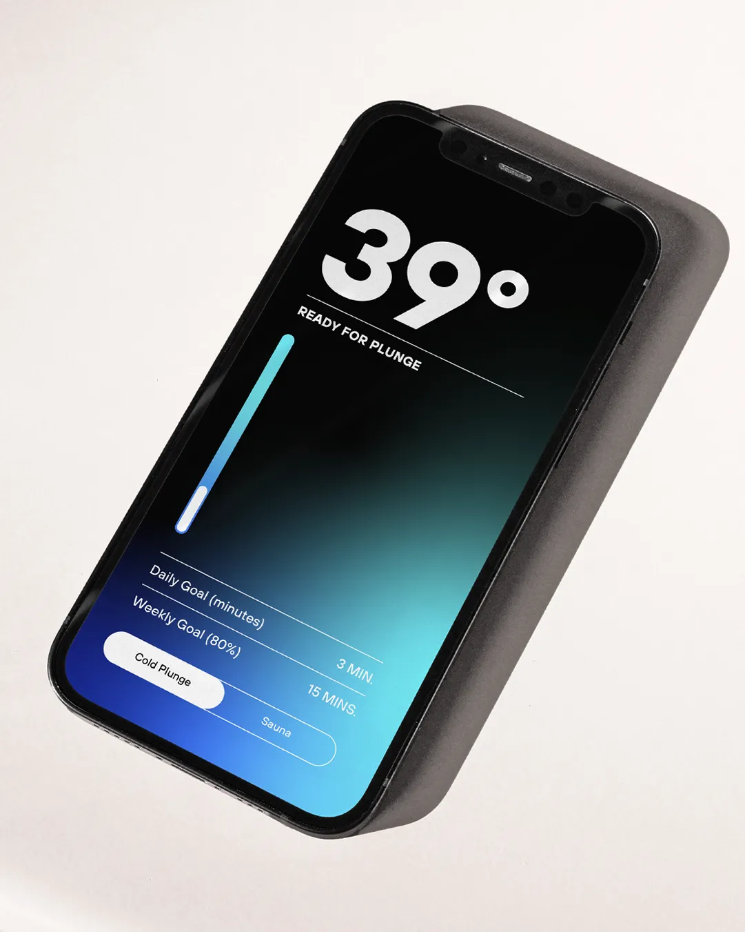 Smartphone showing a blue gradient Plunge app screen reading '39 degrees, ready for plunge' with goal stats.