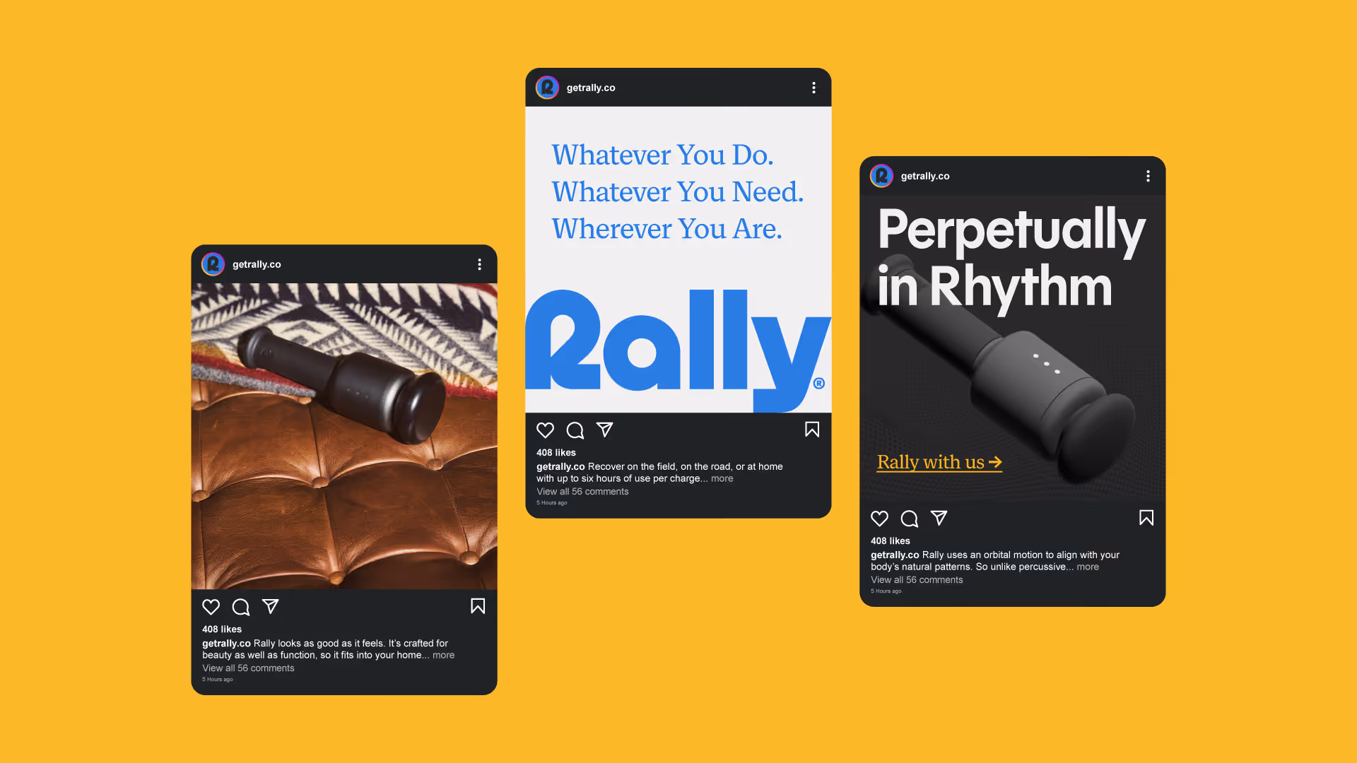 Three Instagram post mockups on yellow featuring the Rally massage device in lifestyle settings with brand copy.