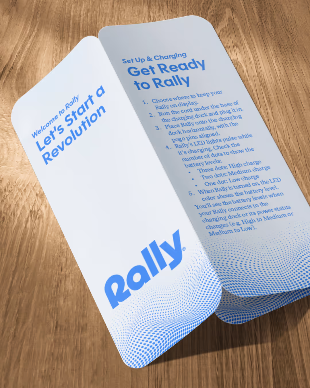 Two folded Rally brochures on wood: cover reading 'Welcome to Rally — Let's start a revolution' and setup instructions inside.