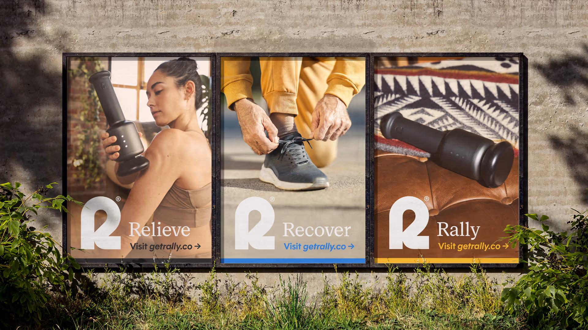Three framed outdoor Rally posters labeled 'Relieve,' 'Recover,' 'Rally' with lifestyle imagery and 'Visit getrally.co'.