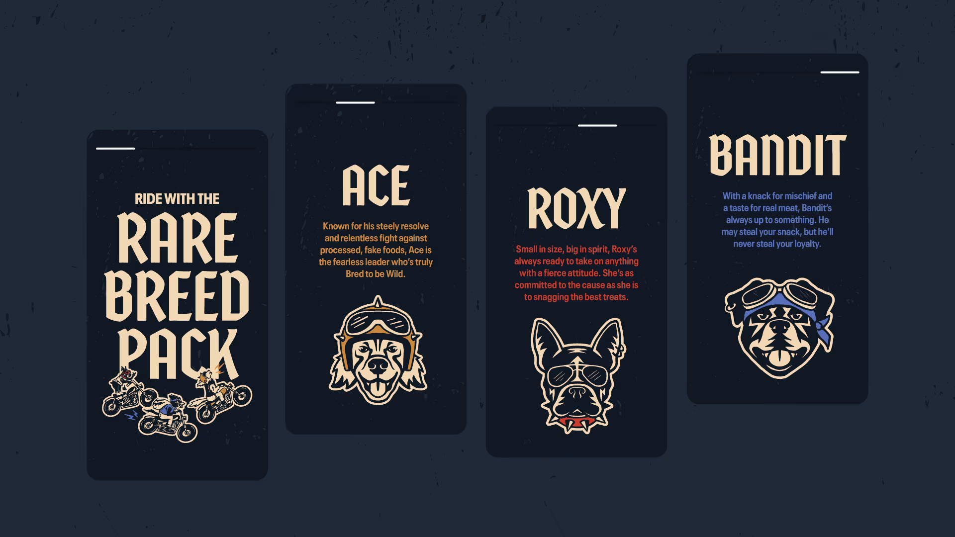 Four black Rare Breed Instagram stories introducing the pack: Ace, Roxy, and Bandit with bios and mascot art.