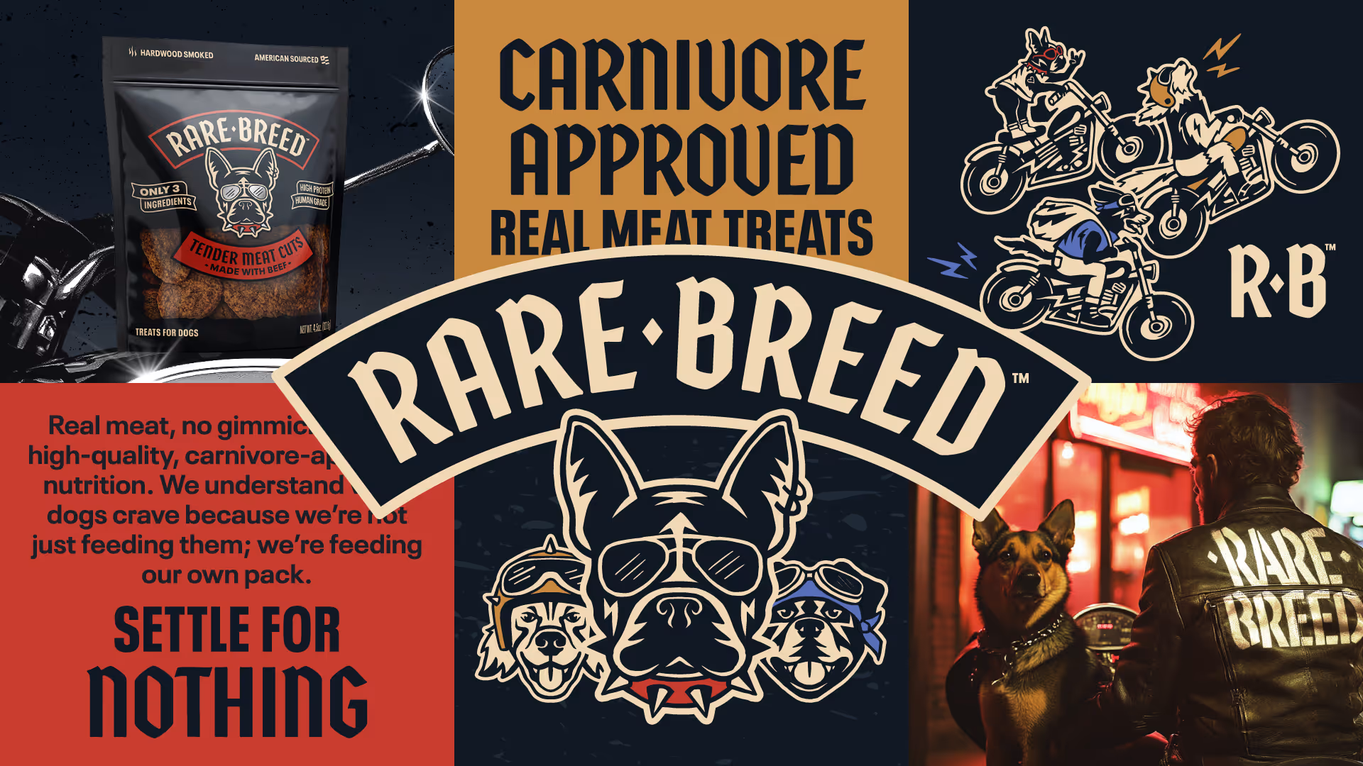 Bento-grid Rare Breed collage: treat pouch, three-dog banner, biker illustrations, and a dog in a branded leather jacket.